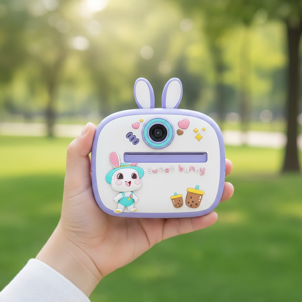 Bir el, tavşan şeklinde bir anında fotoğraf makinesi tutuyor. Fotoğraf makinesi beyaz ve mor renklerde, üzerinde bir tavşan çizgi filmi var. Arka plan yeşil bir park.