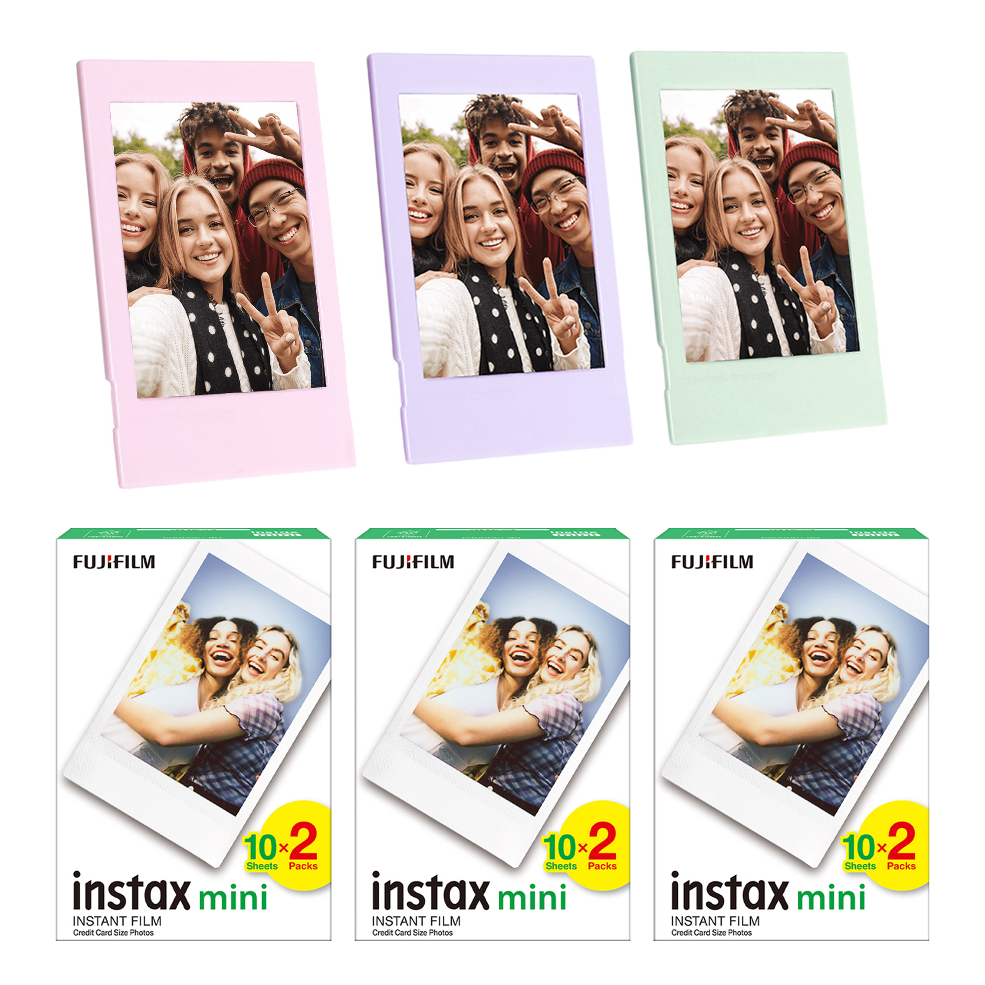 Renkli çerçeveler içinde üç adet anında fotoğraf ve üç film paketi. Fotoğraflar gülen insanları gösteriyor. Film paketleri instax mini diyor.