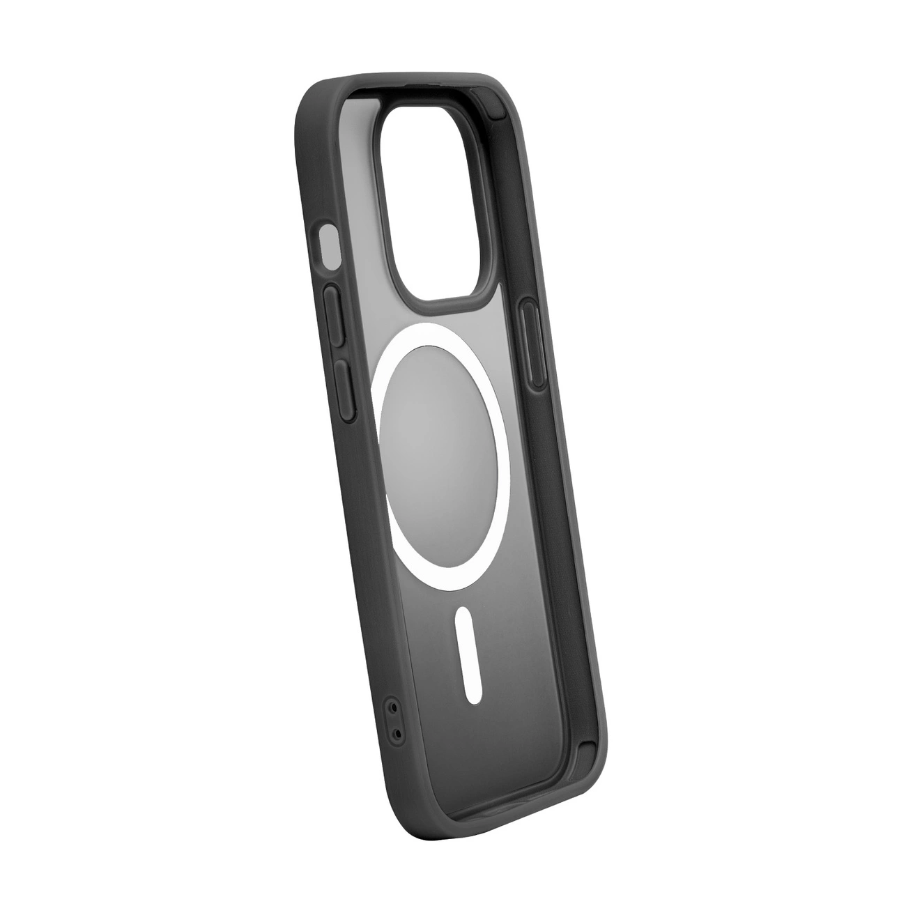 Una custodia nera per telefono con centro trasparente e cerchio bianco con un trattino. I pulsanti sono visibili sul lato. La custodia è angolata.