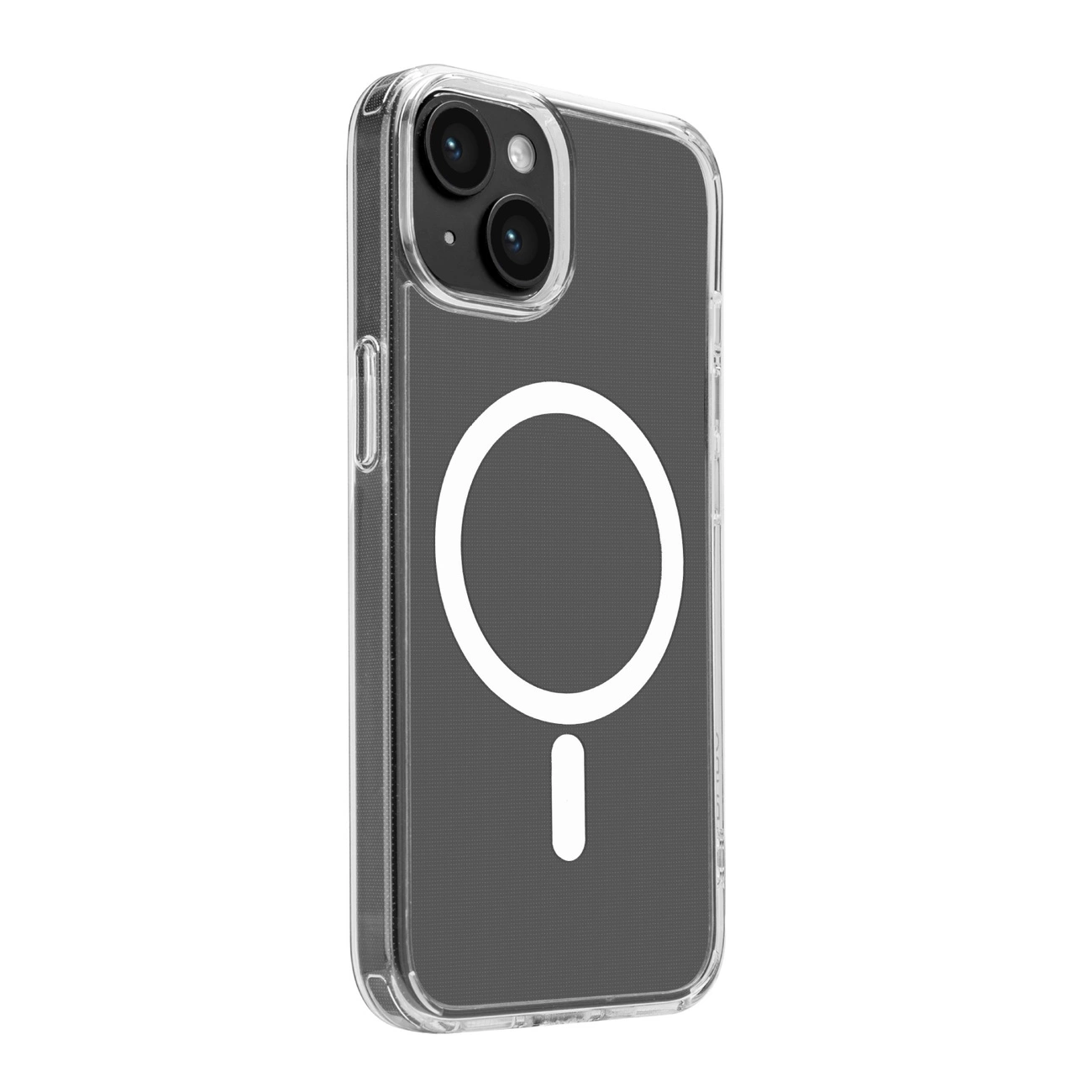 Custodia trasparente per iPhone con cerchio MagSafe bianco e segno meno. Doppie lenti visibili. Sfondo grigio strutturato.