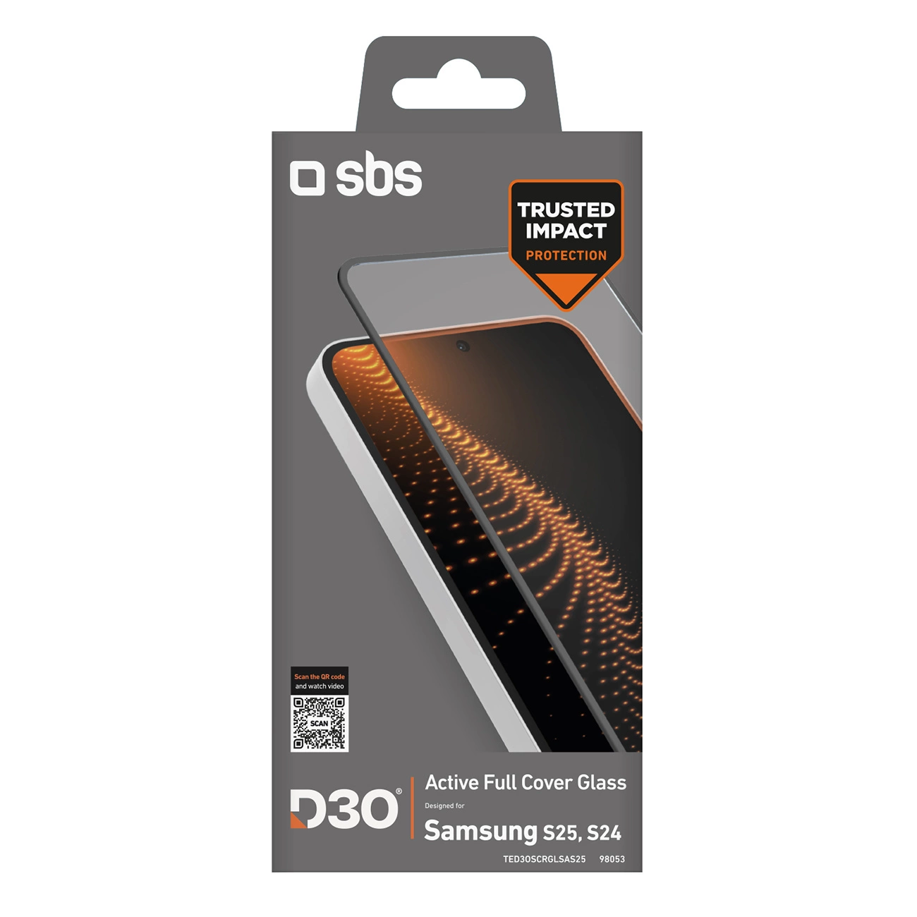 Pudełko na osłonę ekranu. Ma markę sbs i logo ochrony przed uderzeniami. Do Samsung S25, S24.