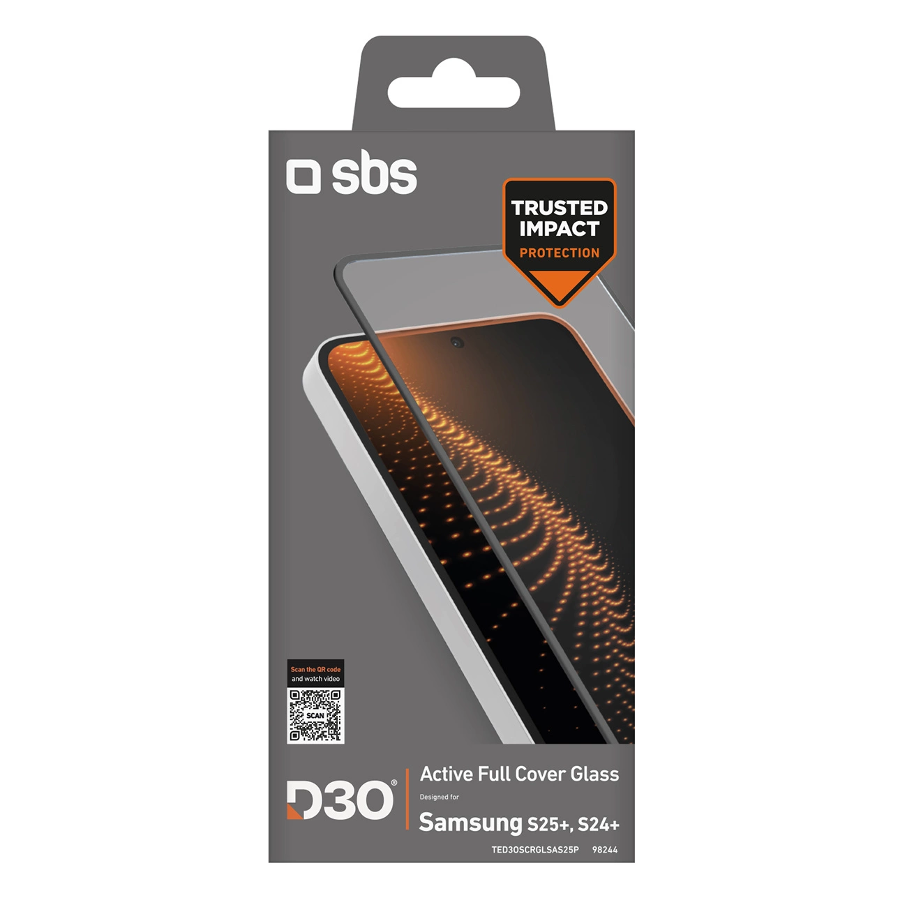 Pudełko na ochronę ekranu. Zawiera napisy 'Trusted Impact Protection' i 'Active Full Cover Glass' dla Samsung S25+, S24+.