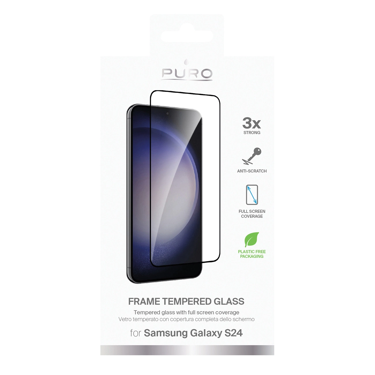 Opakowanie ochraniacza ekranu z obrazem telefonu, tekstem i ikonami. Zawiera napis 'Frame Tempered Glass' dla Samsung Galaxy S24.