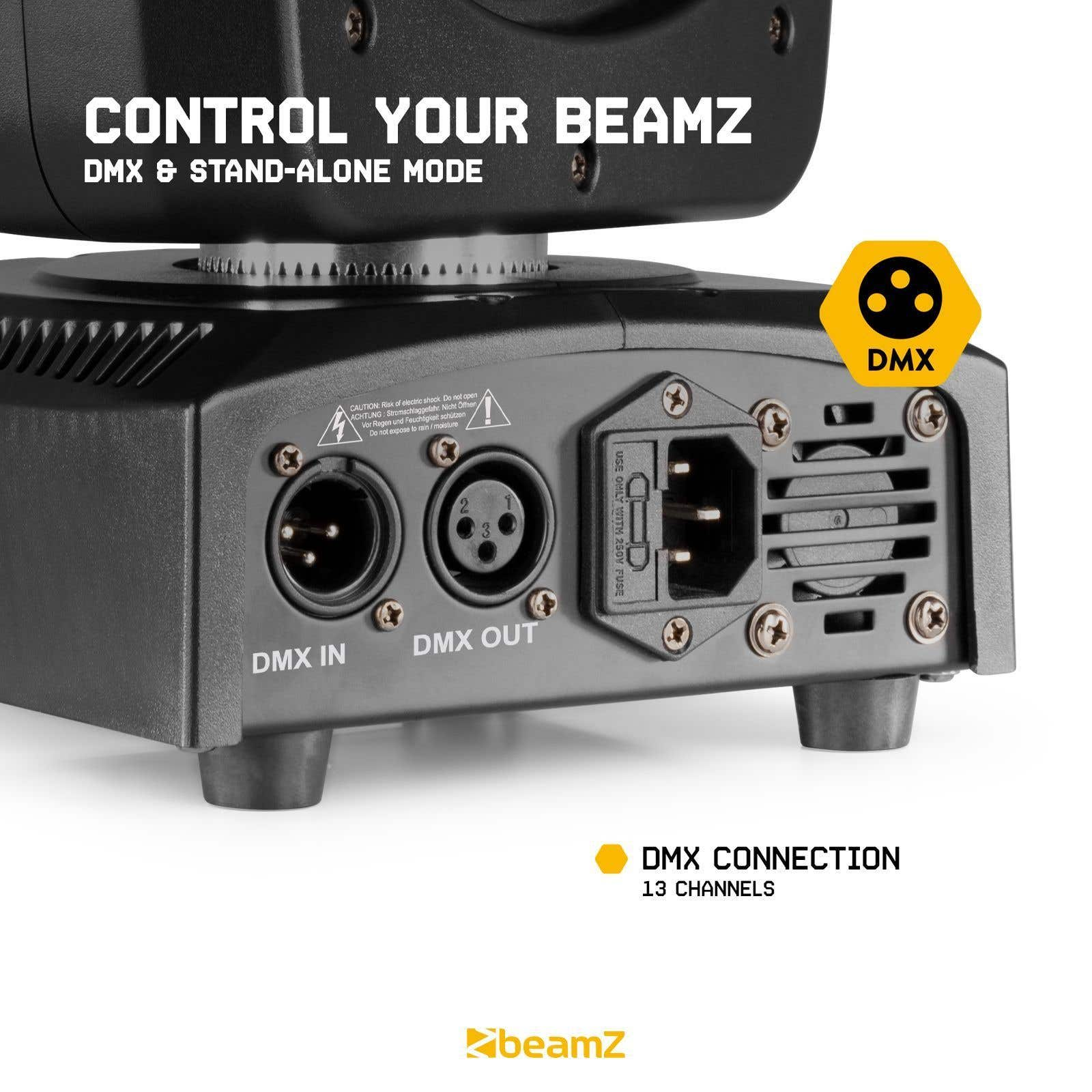 Dispositivo Beamz negro con entradas, salidas y alimentación DMX. Logotipo DMX amarillo. Texto: Controla tu Beamz.