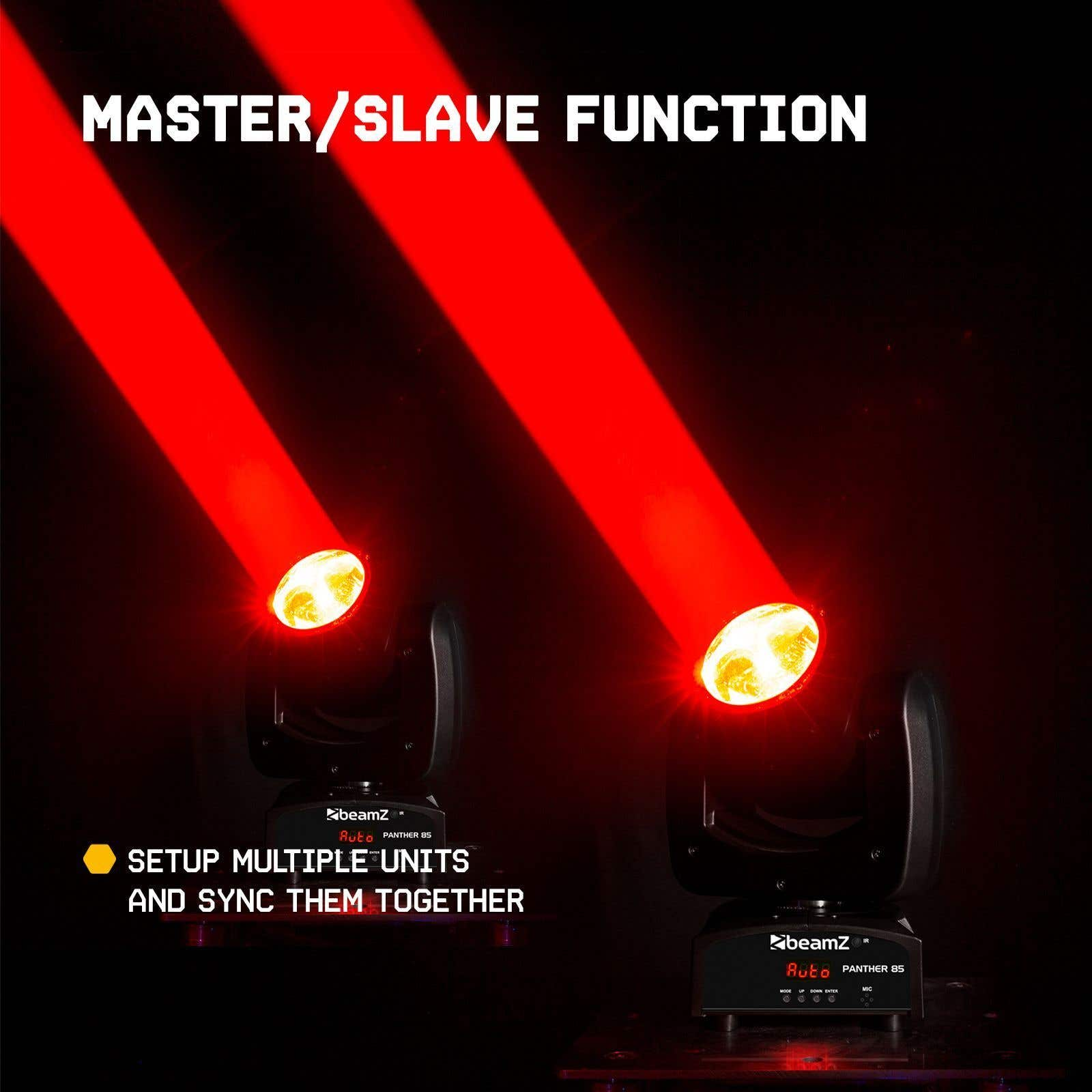 Dos focos con haces rojos, iluminando el texto "MASTER/SLAVE FUNCTION". Texto: SETUP MULTIPLE UNITS AND SYNC THEM TOGETHER.