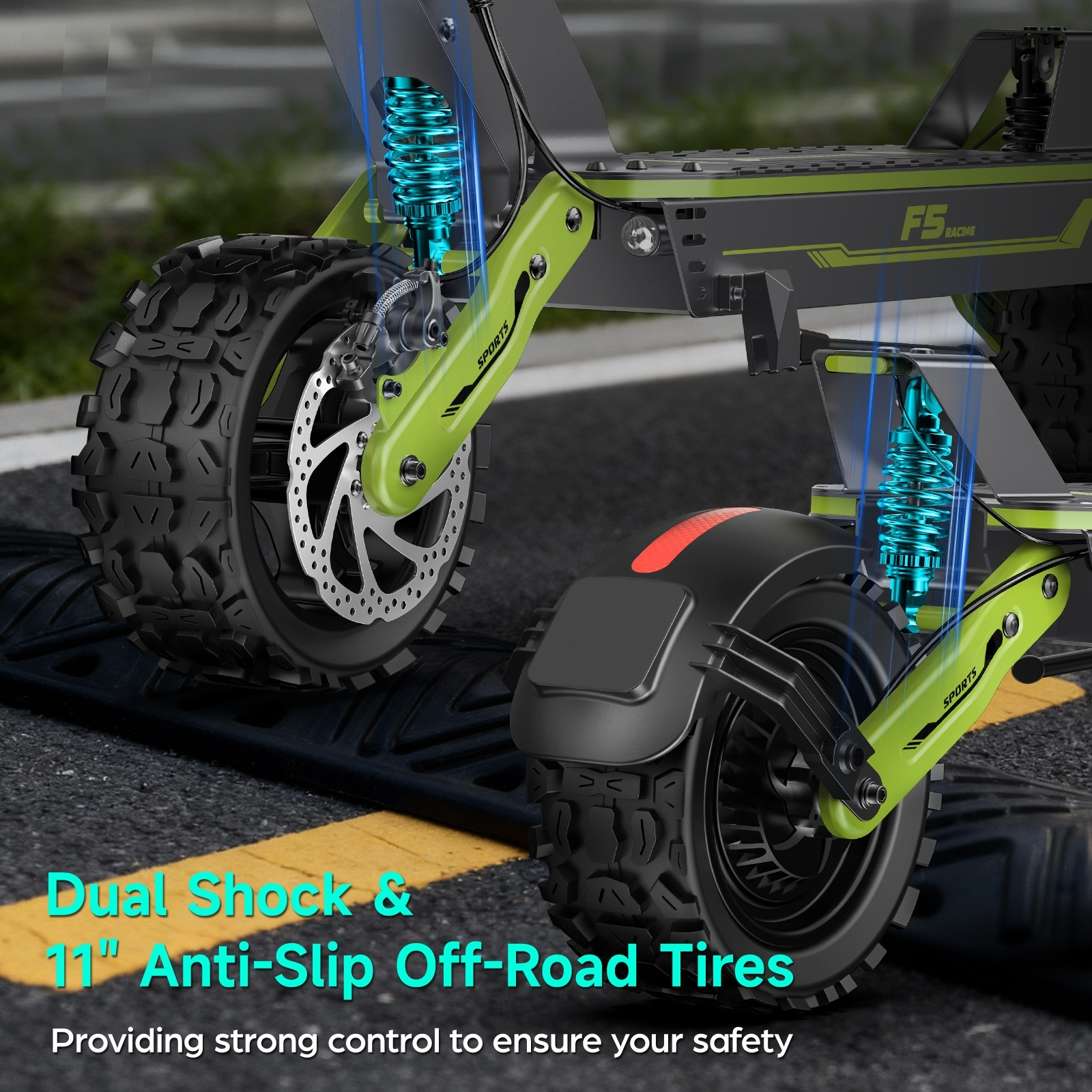 Zbliżenie zielono-czarnej hulajnogi elektrycznej. Posiada duże opony i podwójne amortyzatory. Tekst brzmi: Dual Shock & 11" Anti-Slip Off-Road Tires.