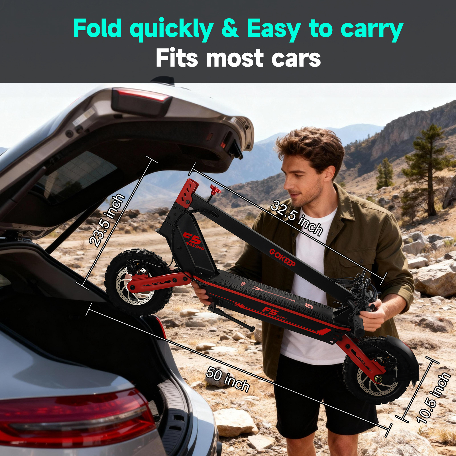 Mężczyzna trzyma czarno-czerwoną hulajnogę w pobliżu samochodu. Wymiary są pokazane. Tło to krajobraz górski.
