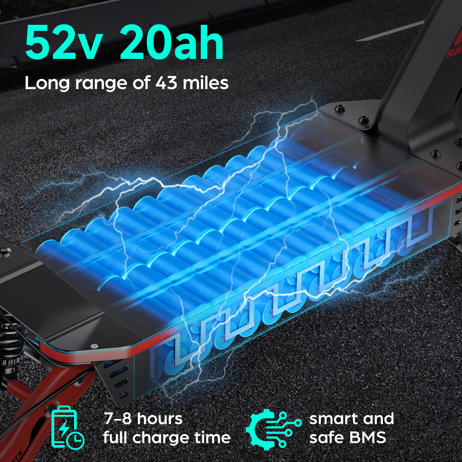 Hulajnoga elektryczna z akumulatorem, specyfikacje: 52v 20ah, zasięg 43 mile, 7-8h ładowania, inteligentny BMS.