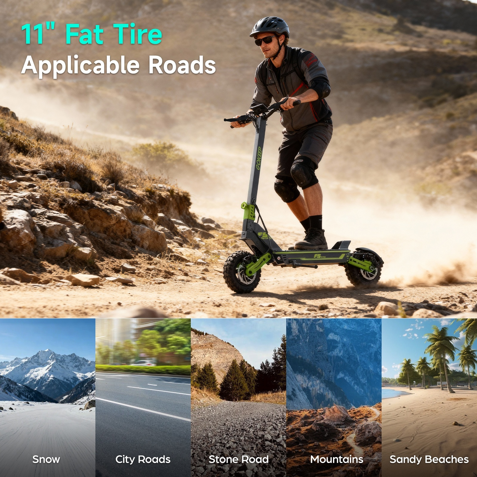 Mężczyzna jedzie na hulajnodze elektrycznej po polnej ścieżce. Obrazek pokazuje, że hulajnoga nadaje się do różnych rodzajów dróg.