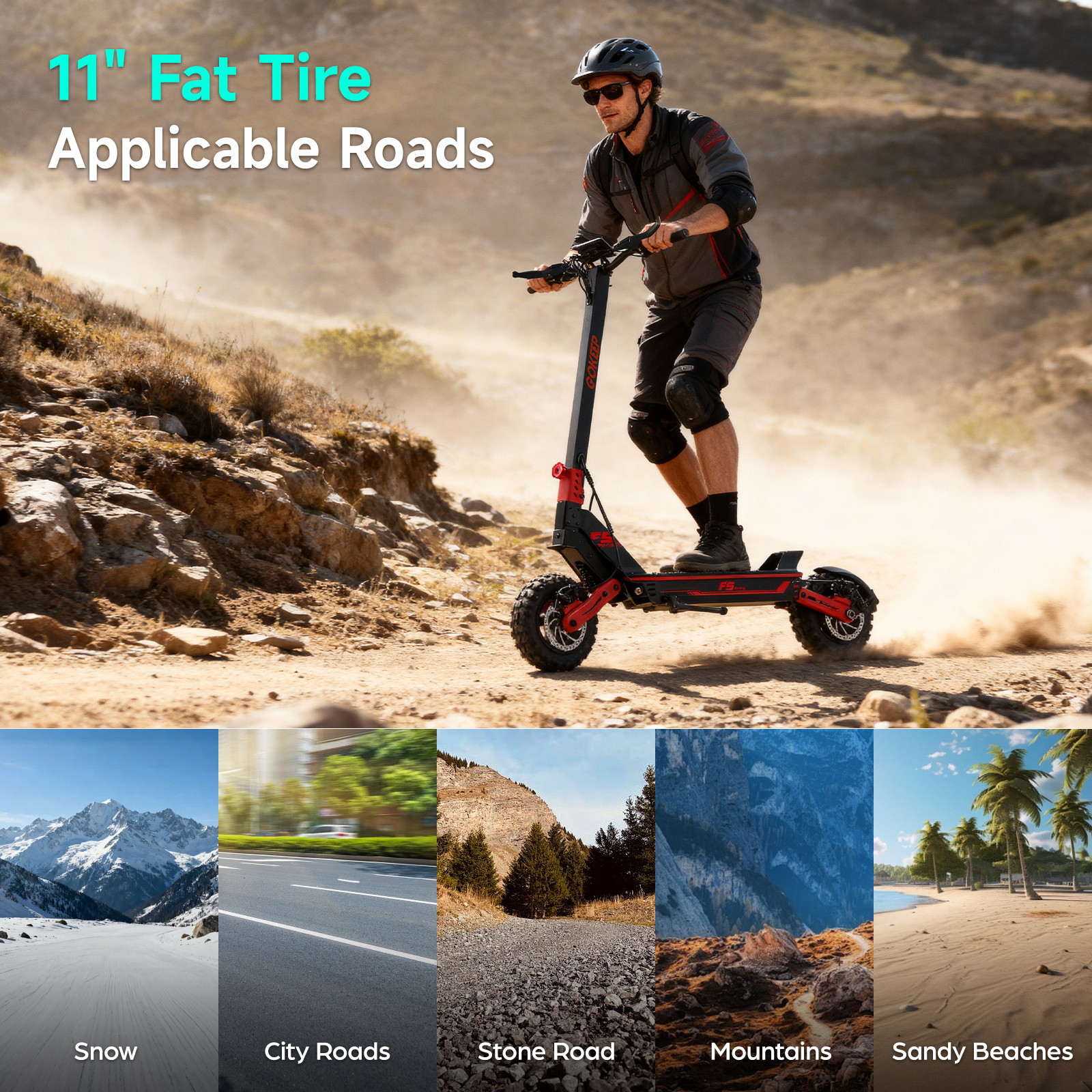 Mężczyzna jadący skuterem elektrycznym po polnej ścieżce, prezentujący różne tereny, jak śnieg, drogi miejskie, drogi kamienne.