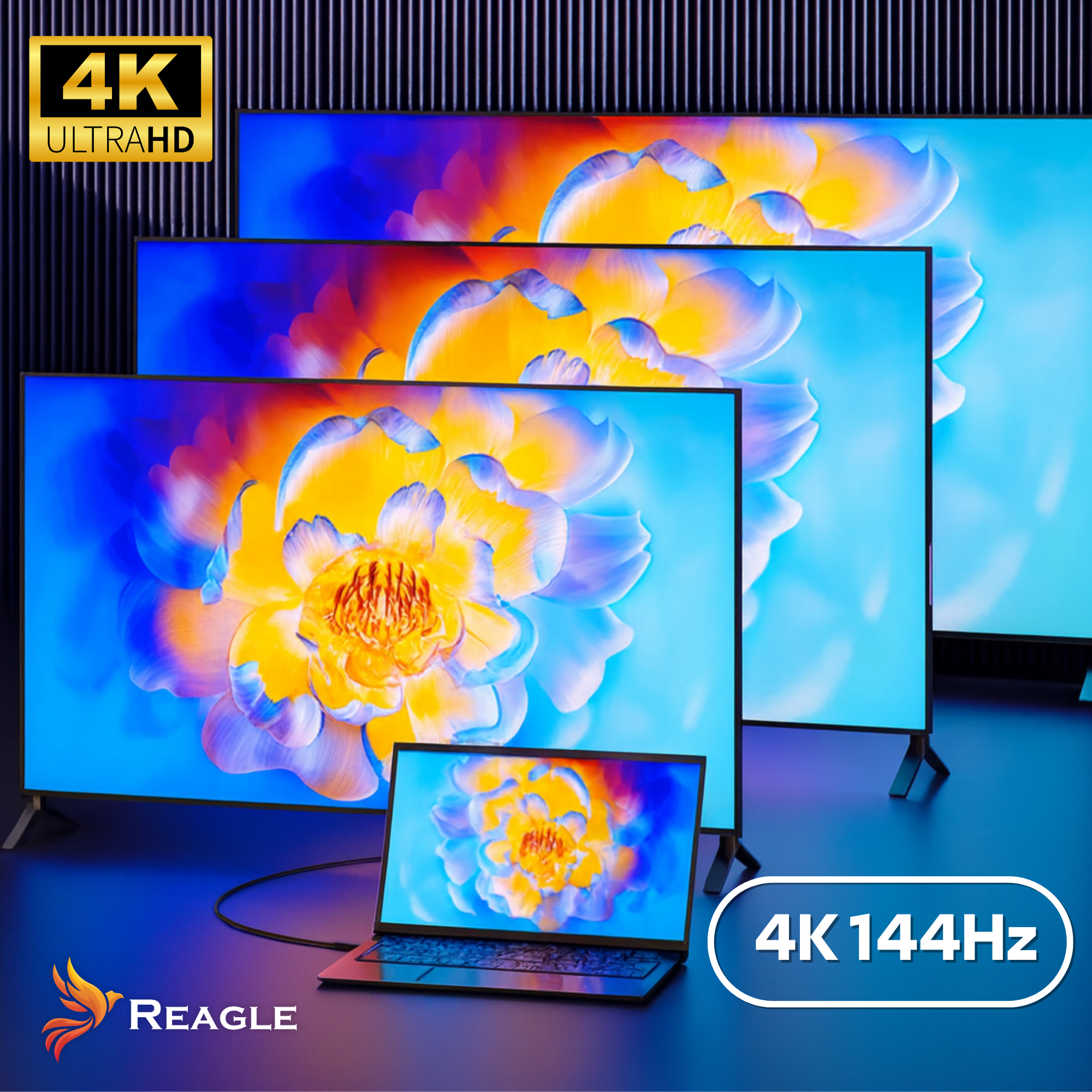 Obraz przedstawia 3 telewizory i laptop z kwiatowymi wzorami. Widoczne logo '4K 144Hz'. Logo 'Reagle' na dole.