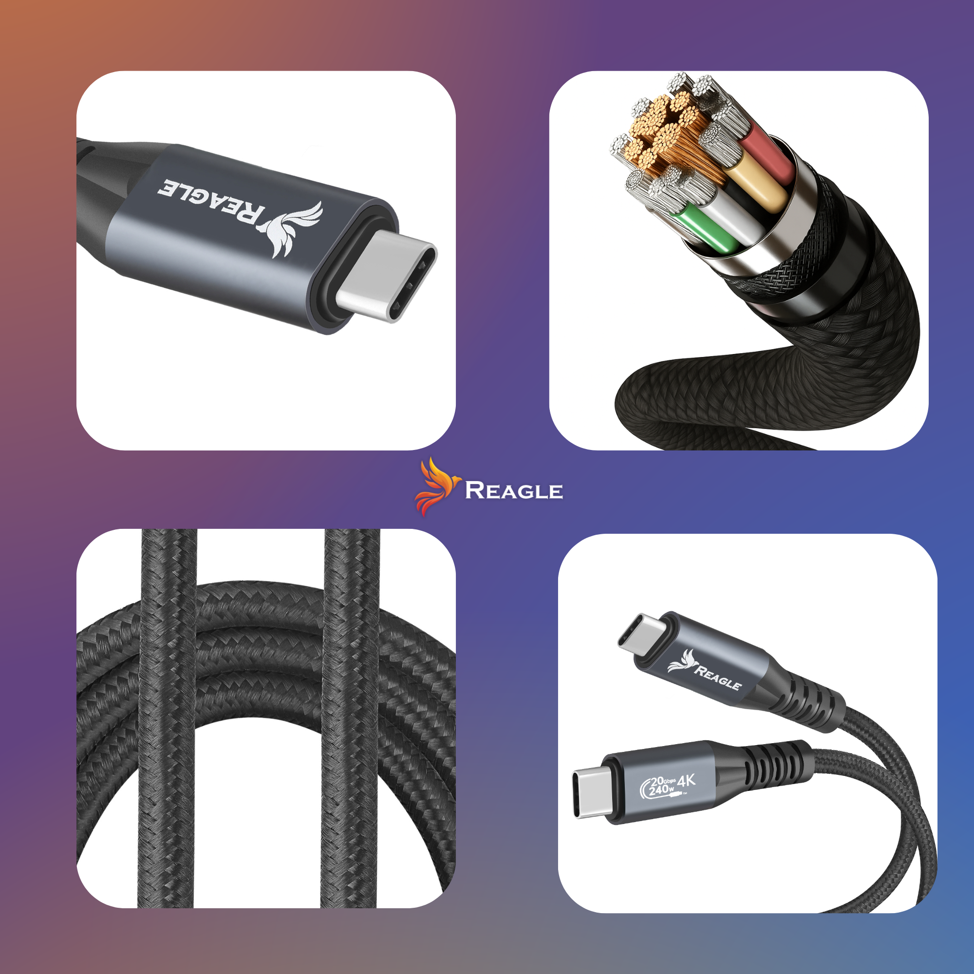 Obraz przedstawia zbliżenia kabla USB-C. Szczegóły obejmują plecioną obudowę kabla, wewnętrzne przewody i markowe złącza.