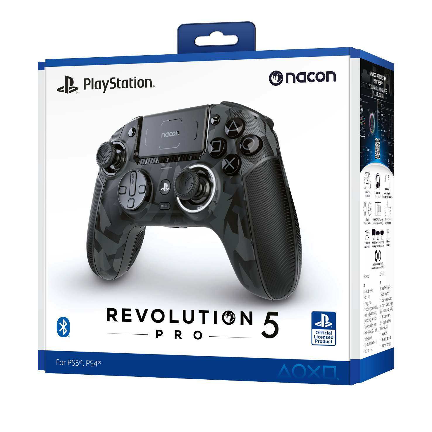 Un mando PlayStation Revolution 5 Pro en una caja. Es negro con diseño de camuflaje. La caja tiene logotipos de PlayStation y Nacon.