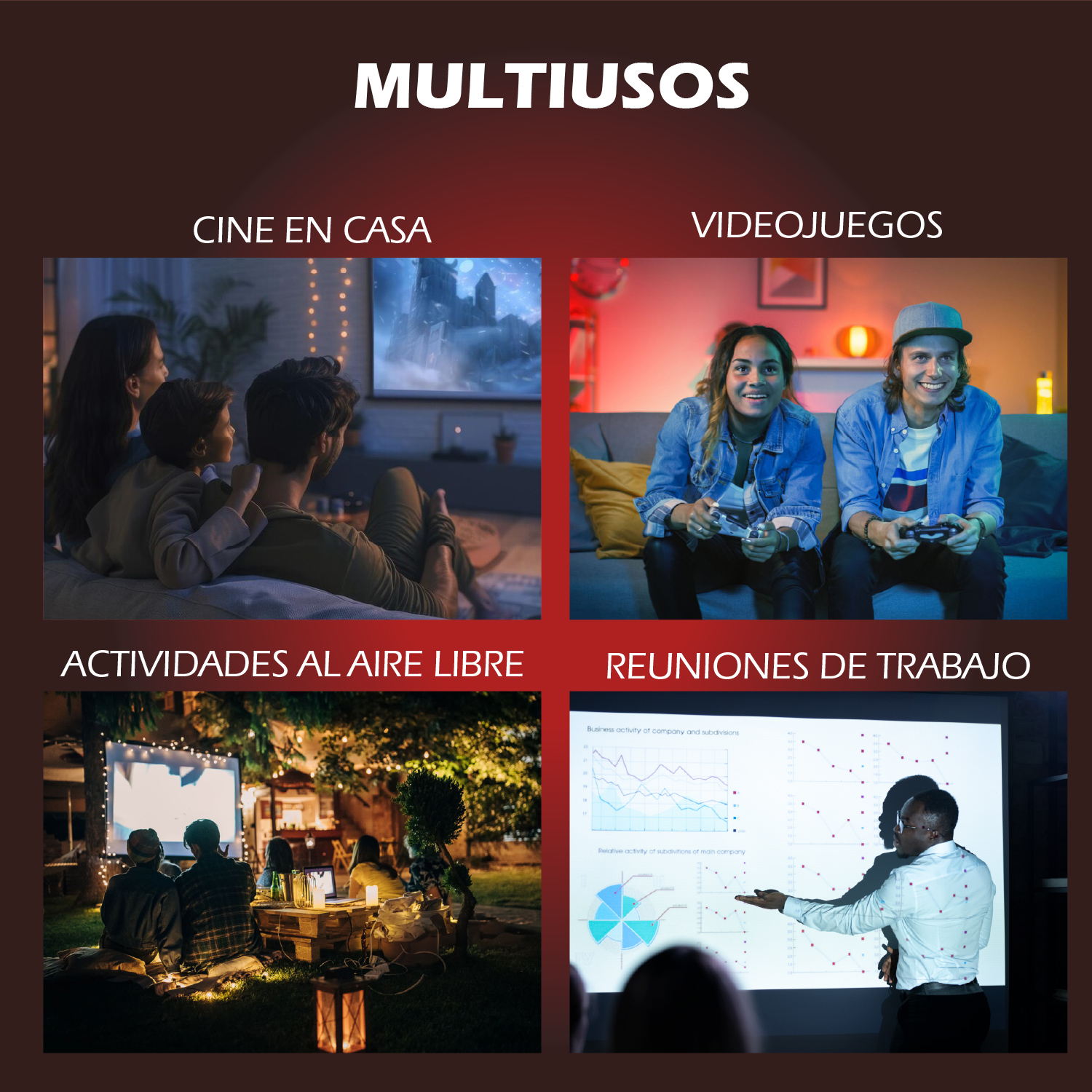 La imagen muestra cuatro escenarios: cine en casa, videojuegos, actividades al aire libre y reuniones de trabajo, cada uno con gente.