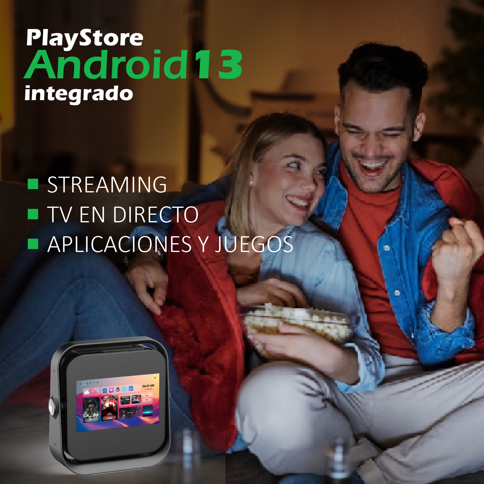 Una pareja ve la televisión, con palomitas de maíz. Un dispositivo pequeño muestra aplicaciones. Texto: PlayStore Android 13 integrado, Streaming, TV y Apps.
