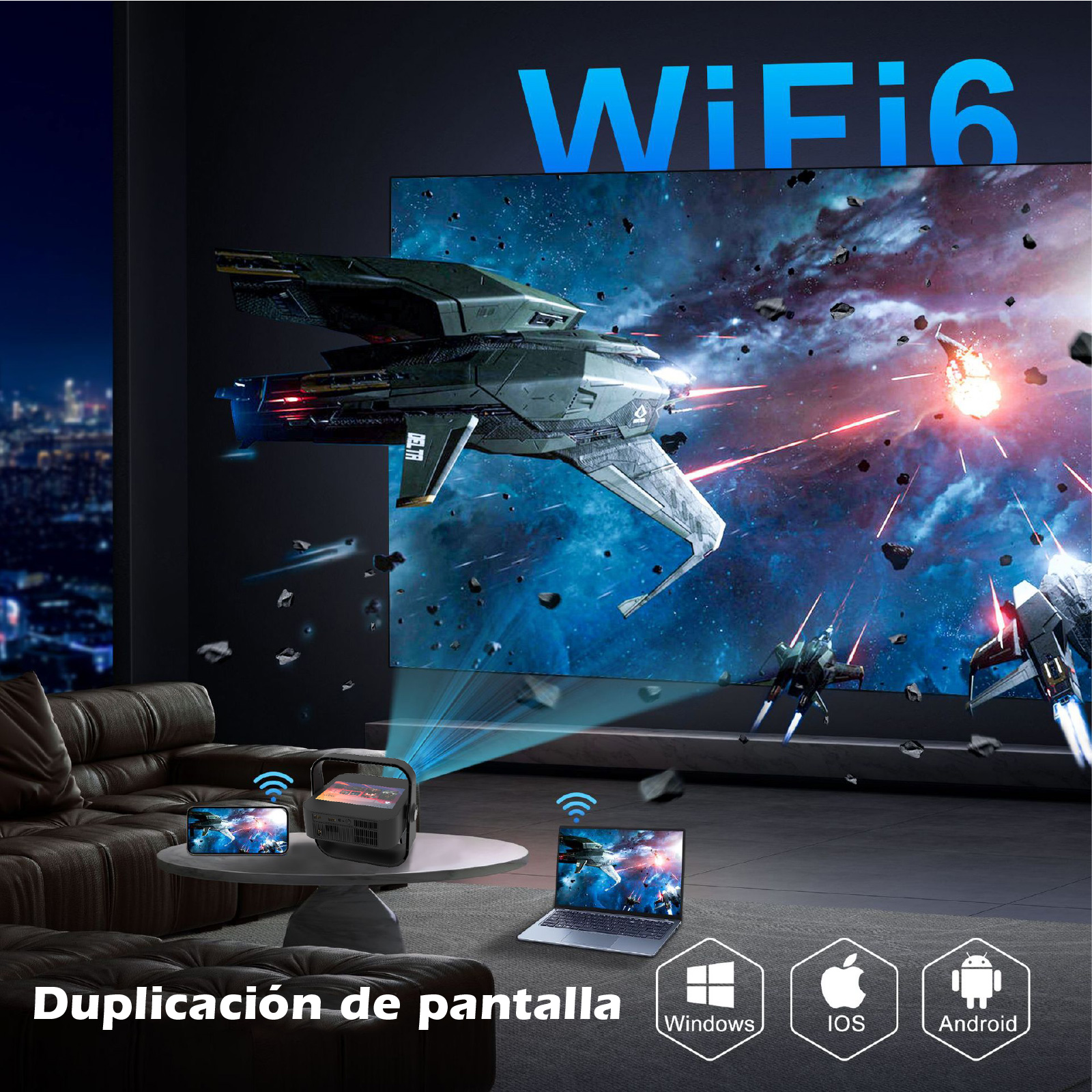 Un proyector muestra una escena de batalla espacial. Dispositivos como teléfono, portátil y proyector están en una mesa. WiFi 6 visible.