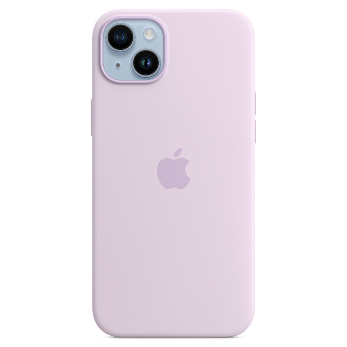 Jasnofioletowe etui na iPhone'a. Ma logo Apple i wycięcia na aparat u góry. Etui jest na białym tle.