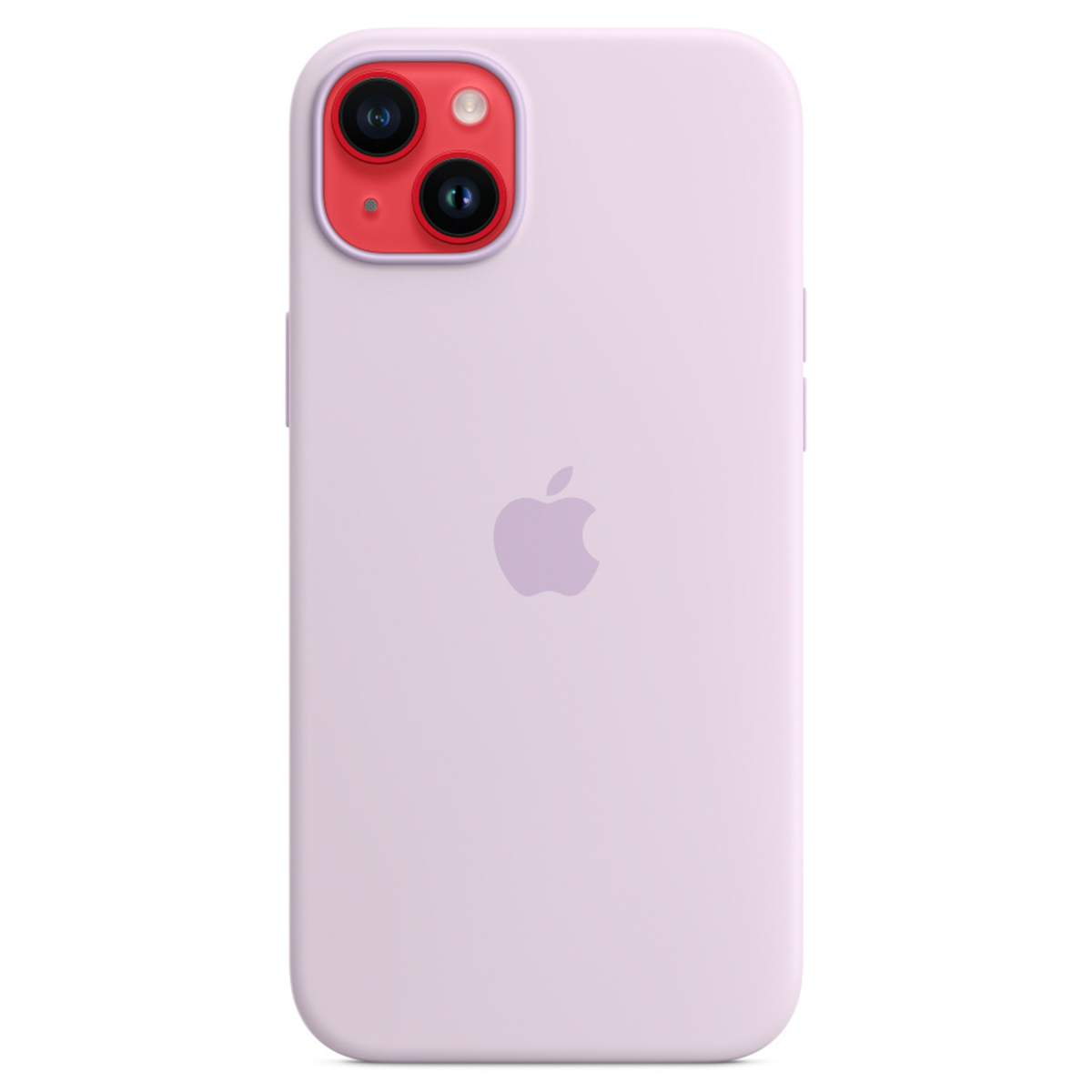 Lawendowe etui na iPhone'a z czerwonym modułem aparatu. Logo Apple jest na środku. Tło jest białe.