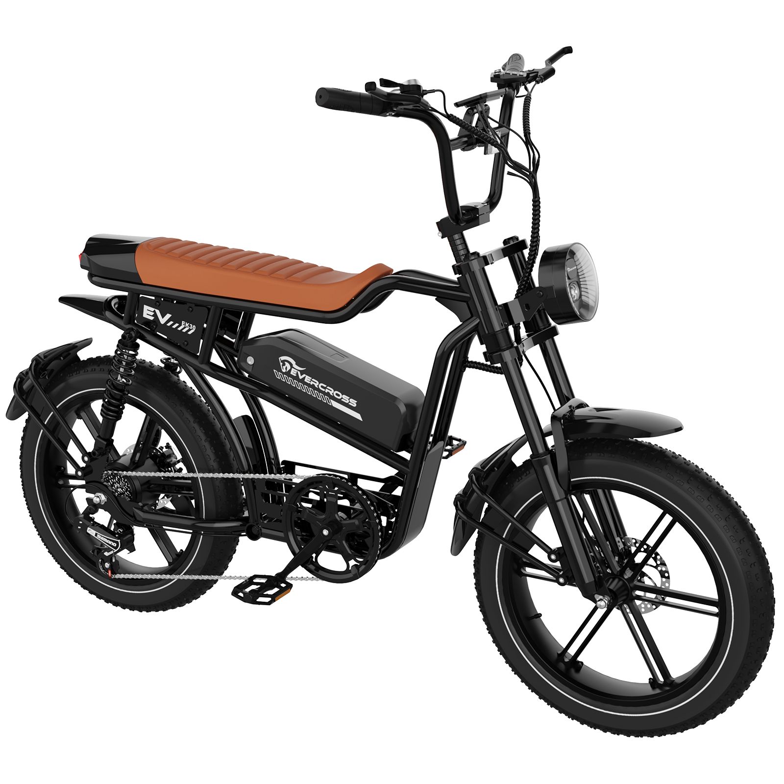 Schwarzes Elektrofahrrad mit braunem Sitz, schwarzen Reifen und Scheinwerfer auf weißem Hintergrund.