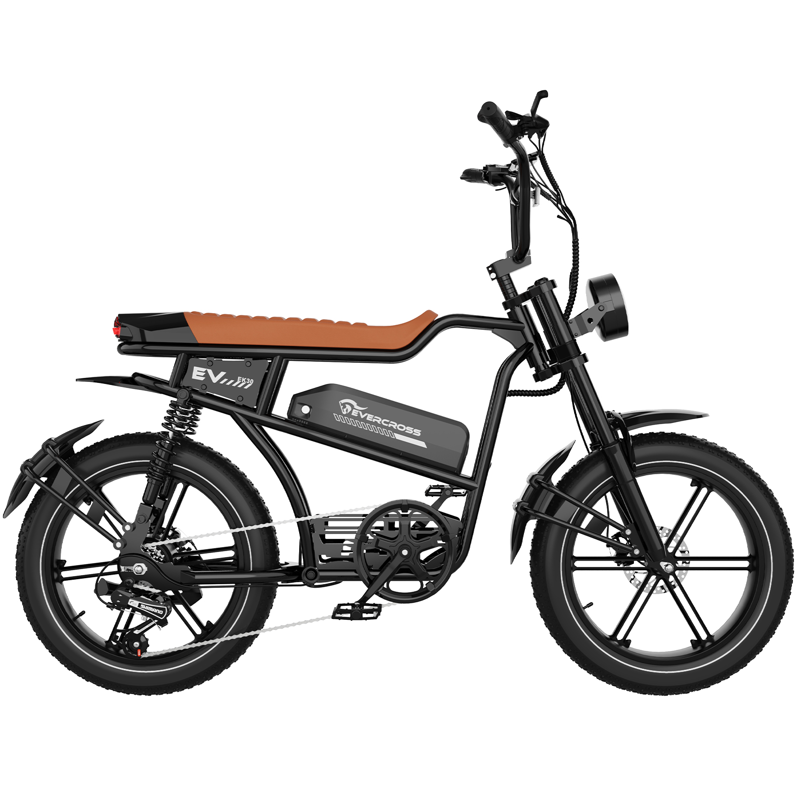 Schwarzes Elektrofahrrad mit braunem Sitz, schwarzen Reifen und Frontscheinwerfer. Die Marke ist Evercross.