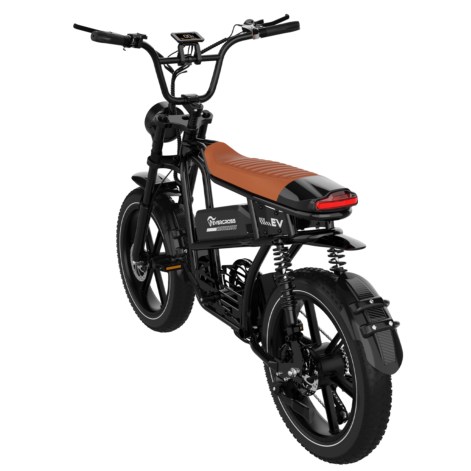 Schwarzes Elektrofahrrad mit braunem Sitz, schwarzen Reifen und Lenker. Das Fahrrad steht vor weißem Hintergrund.