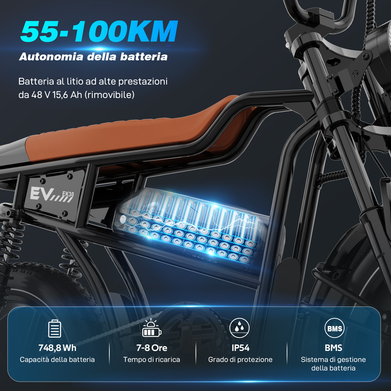 Una bici elettrica, telaio nero, sella marrone, batteria visibile. Testo: 55-100KM, Autonomia della batteria. Altre specifiche.