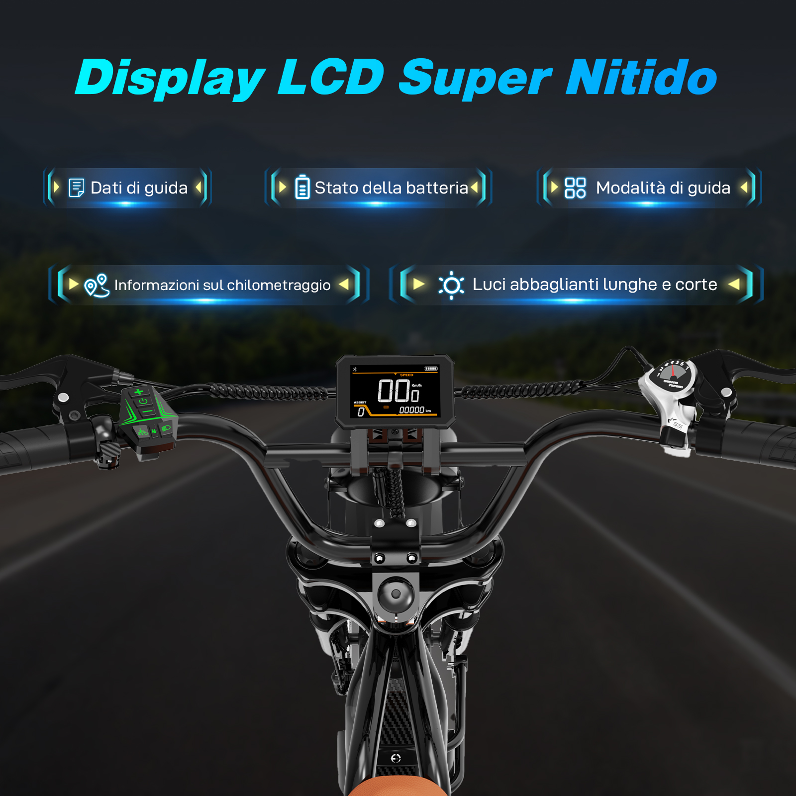 Manubrio di una bici elettrica con display digitale che mostra velocità e dati, con testo in italiano.