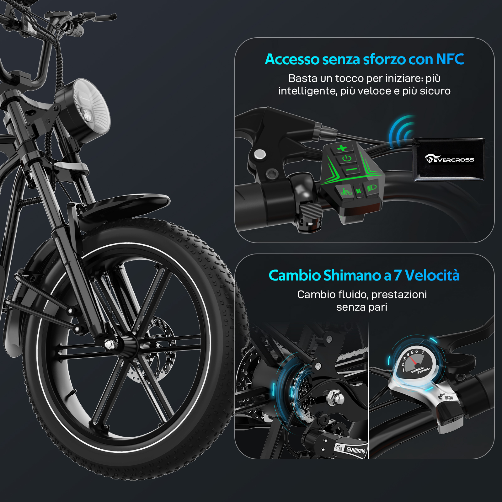 Bicicletta elettrica nera. Caratteristiche: accesso NFC, Shimano 7 velocità e design moderno con componenti dettagliati.