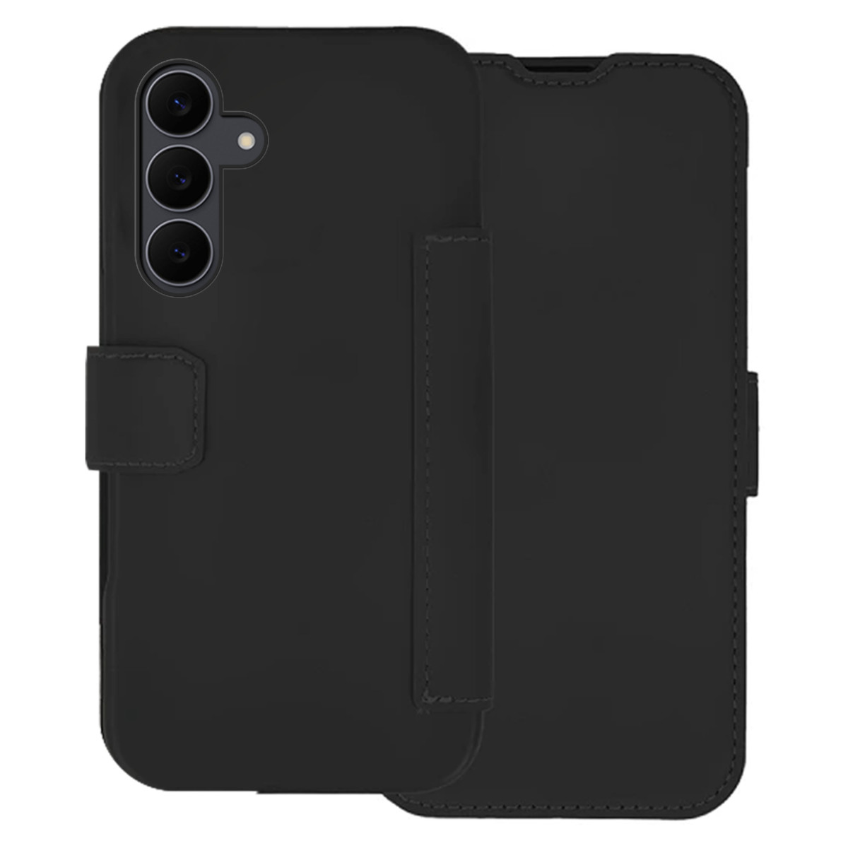 Custodia nera per telefono con design a portafoglio. Ha un ritaglio per la fotocamera e una chiusura. La custodia è aperta.