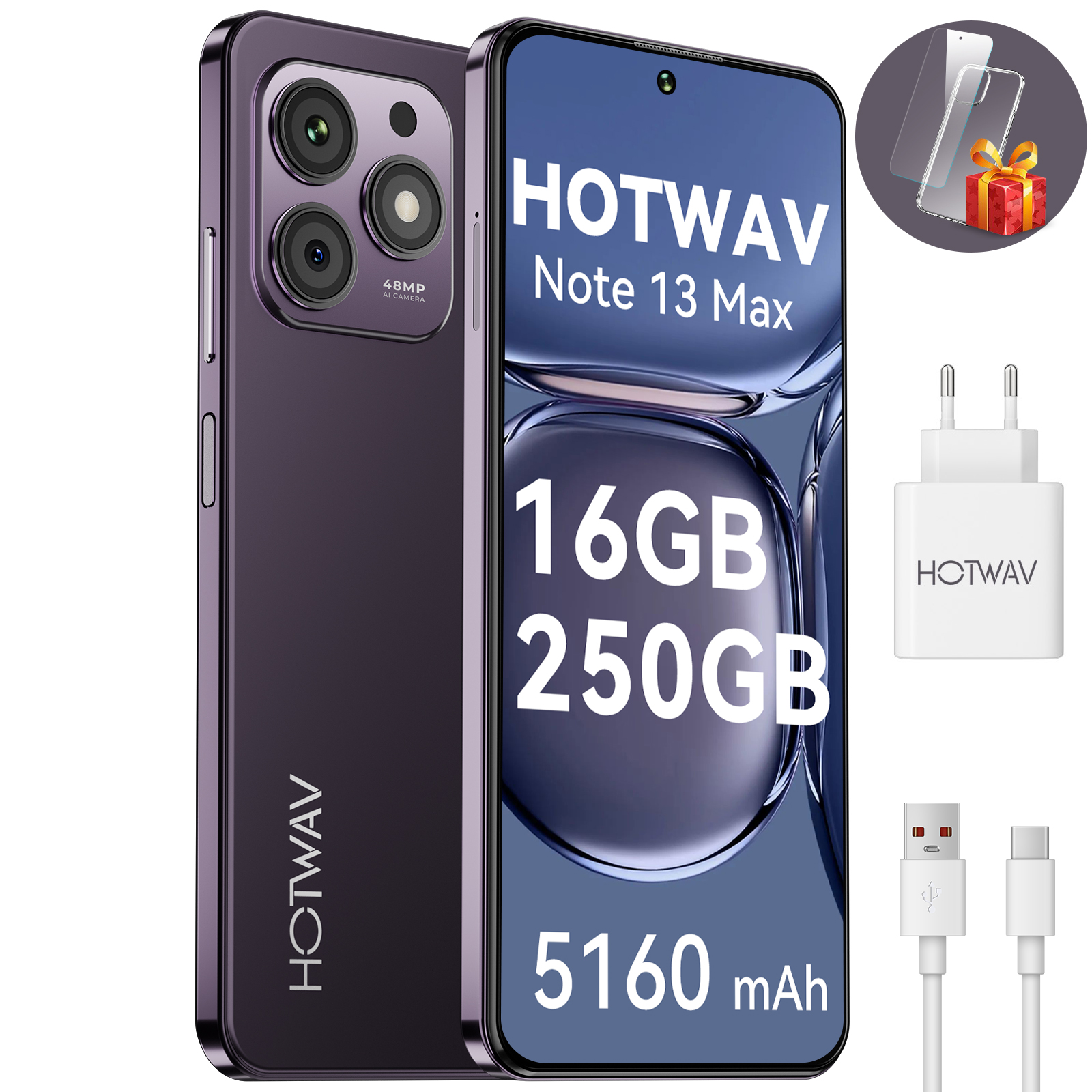Fioletowy telefon HOTWAV Note 13 Max z ochraniaczem ekranu, ładowarką i kablami. Posiada 16 GB RAM, 250 GB pamięci i baterię 5160 mAh.