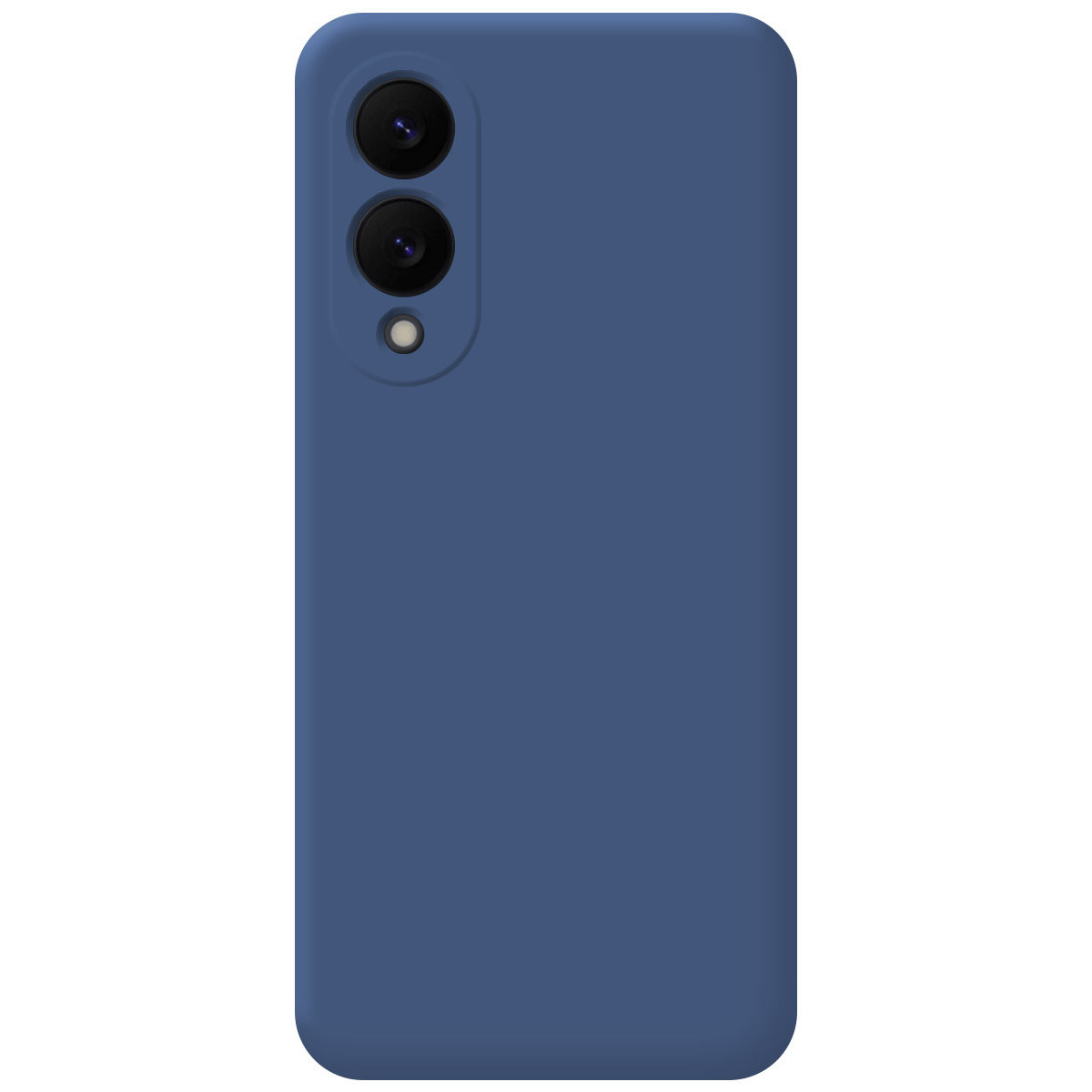 Una custodia blu per telefono con tre obiettivi. La custodia è di colore blu pieno. Gli obiettivi della fotocamera sono neri e centrati.