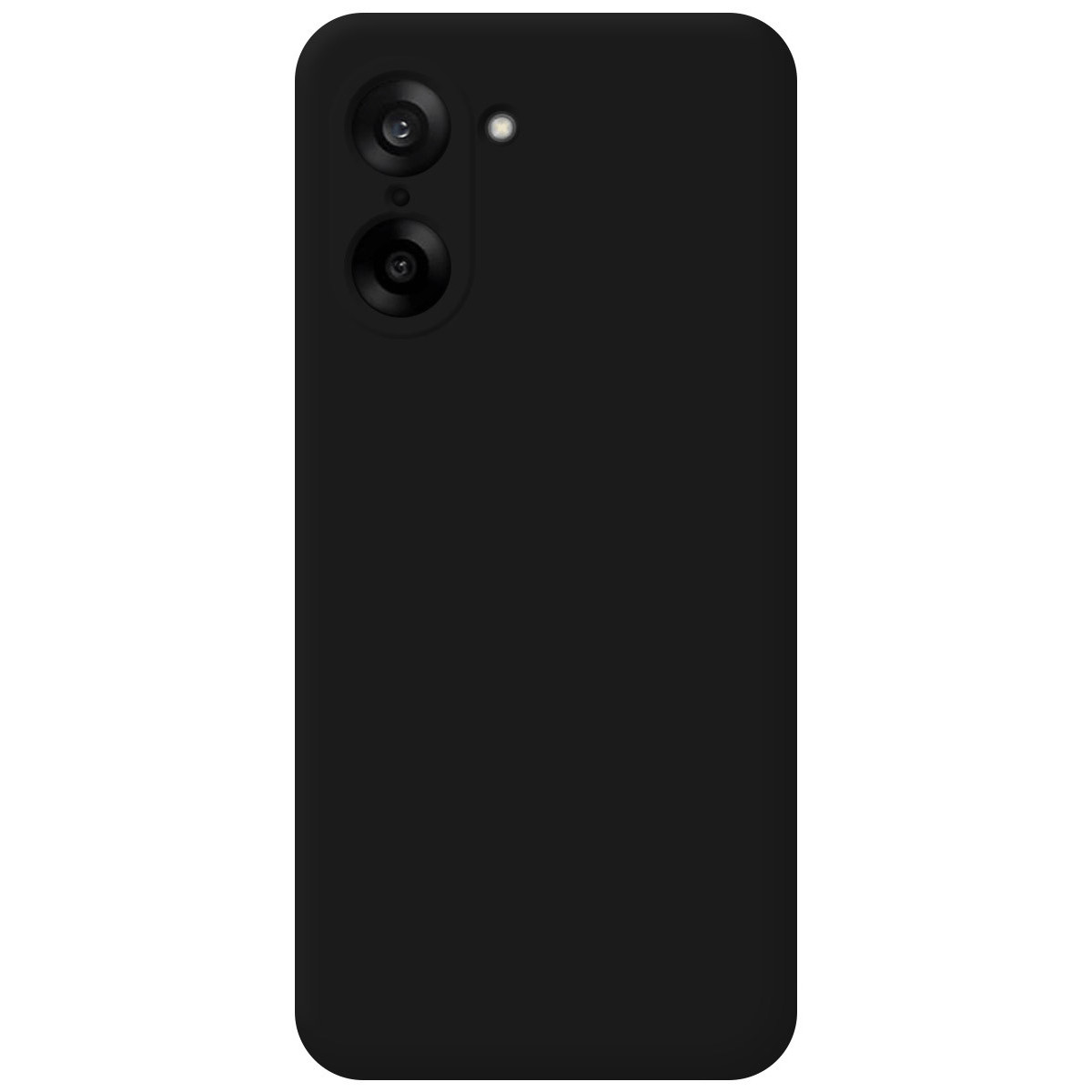 Una custodia nera per smartphone. In alto ci sono due obiettivi e un flash. La custodia è nera con bordi e angoli arrotondati.