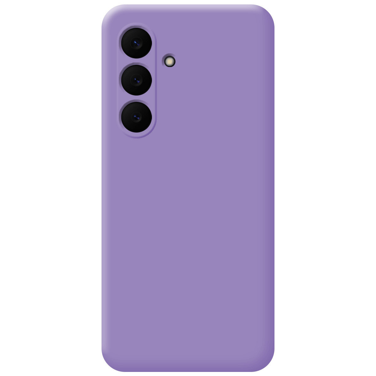 Primo piano di una custodia per telefono viola con tre lenti della fotocamera e un piccolo cerchio, su sfondo bianco.