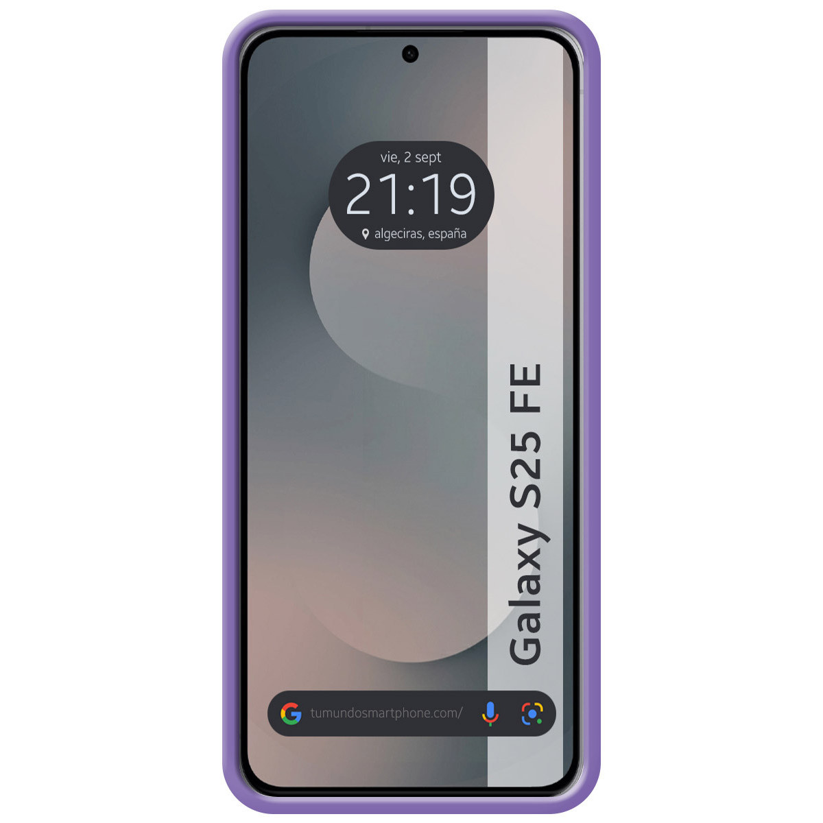 Uno smartphone con custodia lilla mostra ora, data e posizione. Ha uno sfondo sfumato e il testo "Galaxy S25 FE".