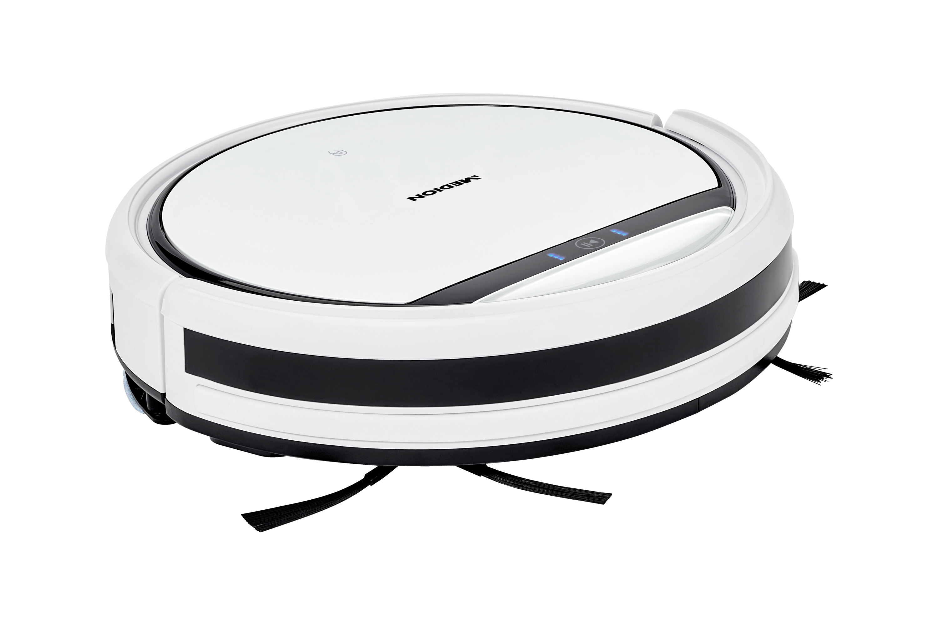 Biało-czarny robot sprzątający na białym tle. Widoczna nazwa marki MEDION.