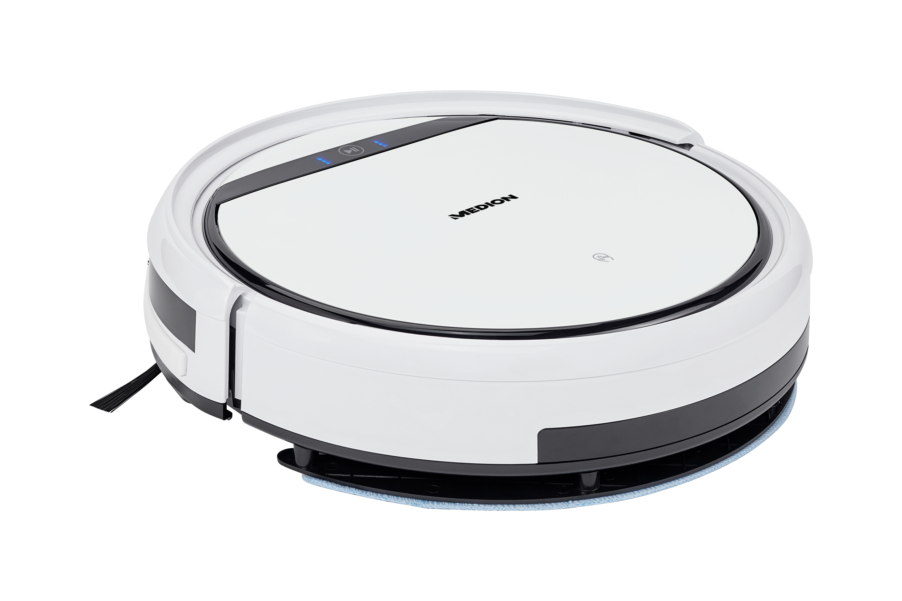 Biało-czarny robot sprzątający na białym tle. Ma markę MEDION.