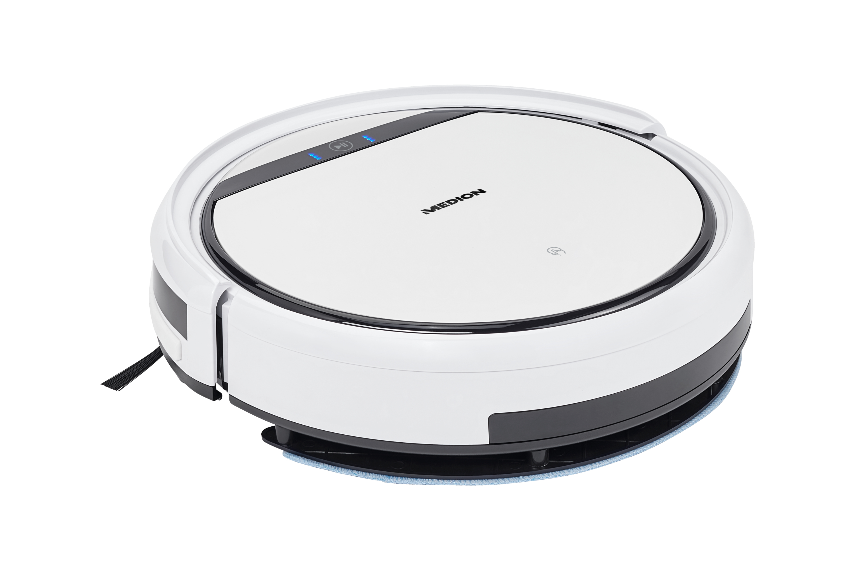 Biało-czarny odkurzacz automatyczny Medion. Ma okrągły kształt i niebieskie światła na górze, z nakładką czyszczącą na dole.