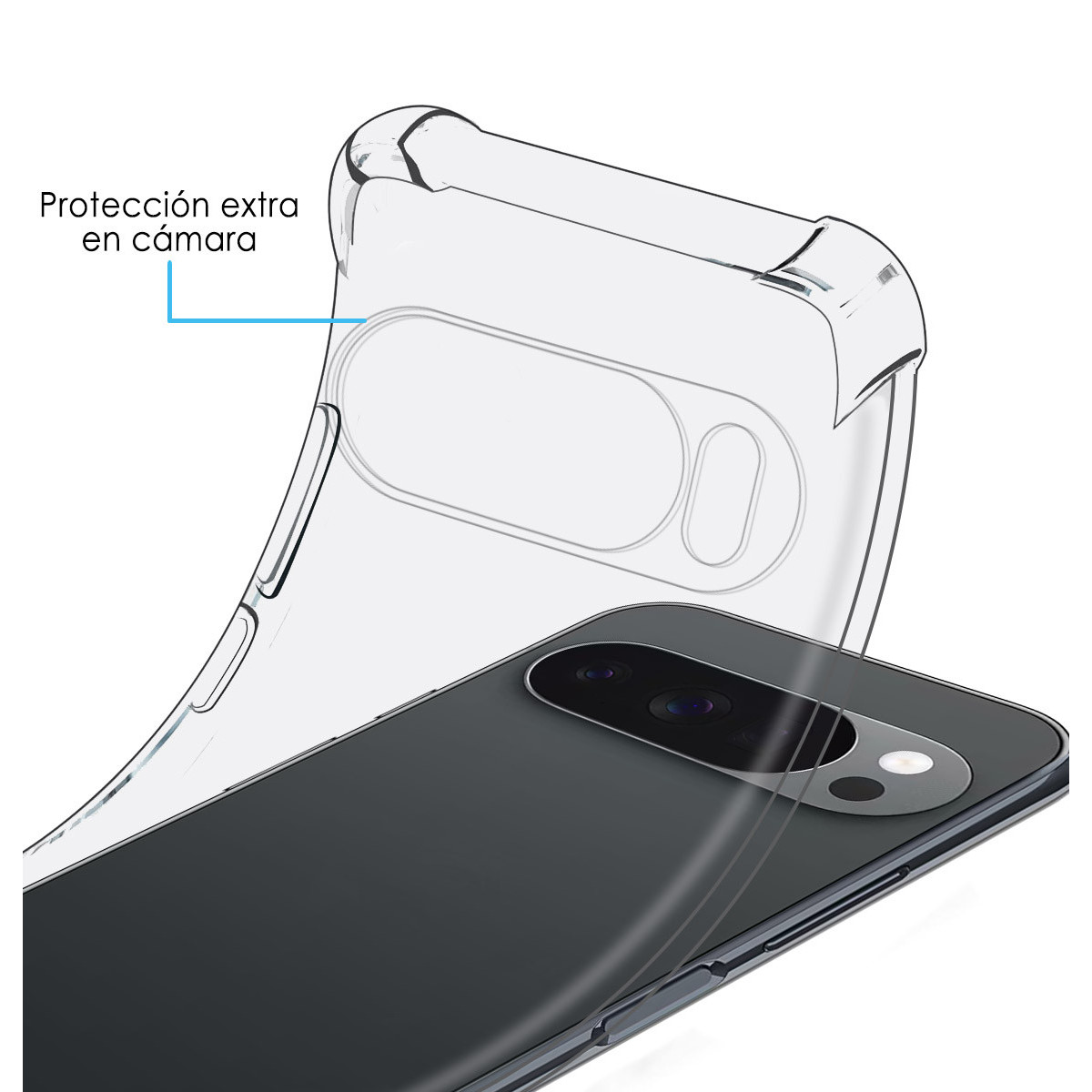 Una custodia trasparente per telefono è sopra un telefono nero. Il testo 'Protección extra en cámara' è visibile.
