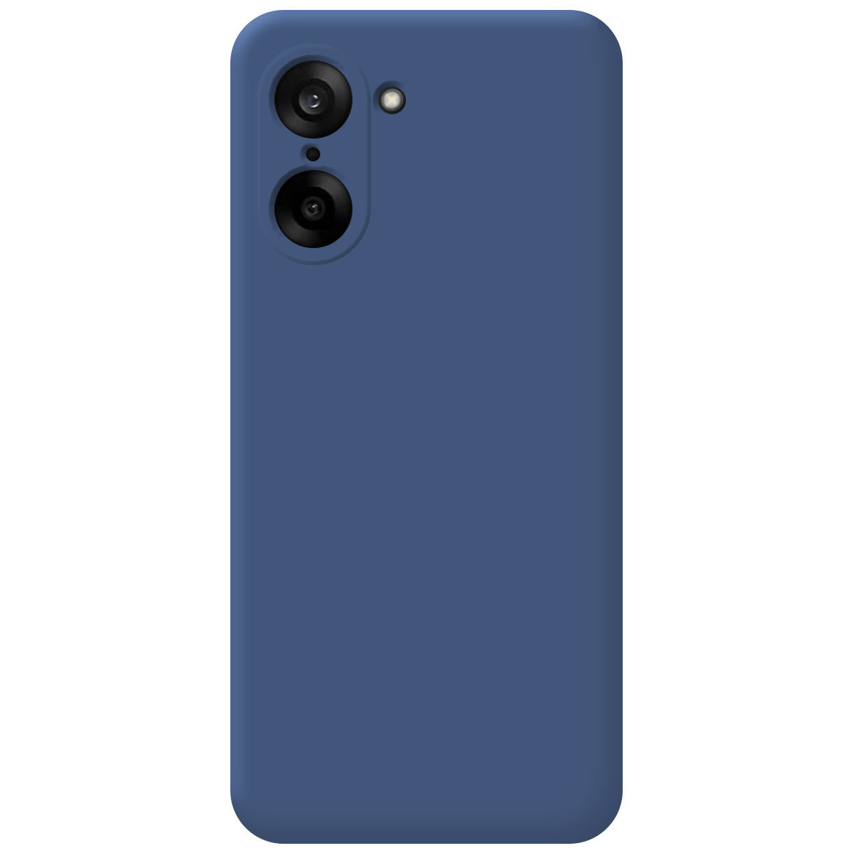 Una custodia per telefono blu navy. Due obiettivi della fotocamera e un flash sono visibili in alto a sinistra. La custodia è liscia e rettangolare.