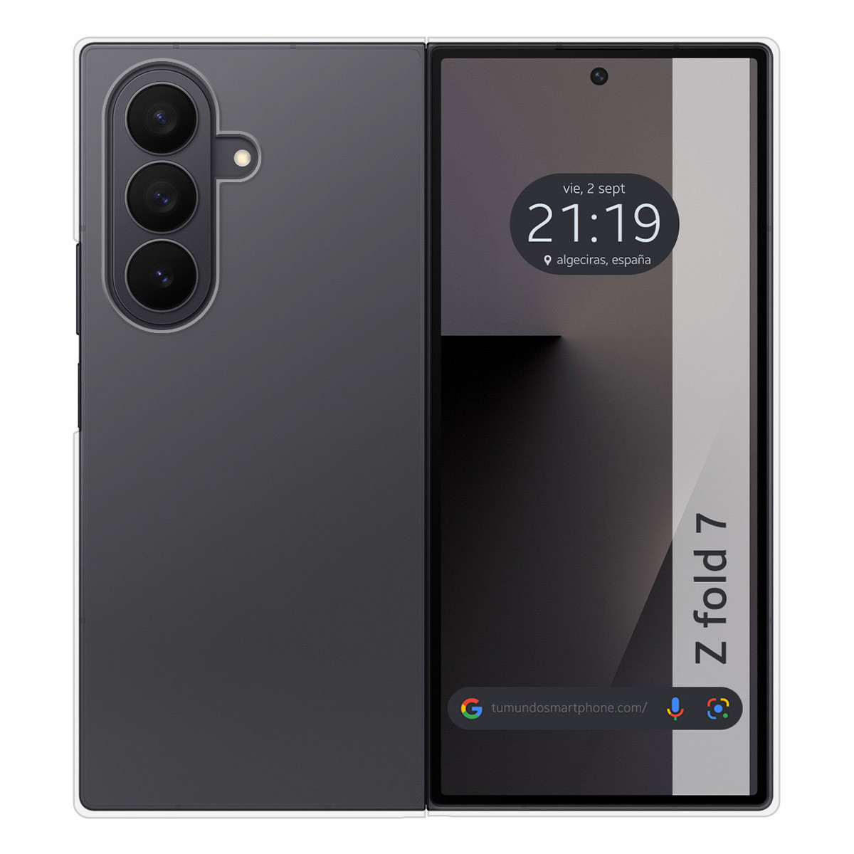 Uno smartphone grigio pieghevole, parzialmente aperto. Lo schermo mostra l'ora e il luogo. Il telefono ha una fotocamera e una barra di ricerca Google.