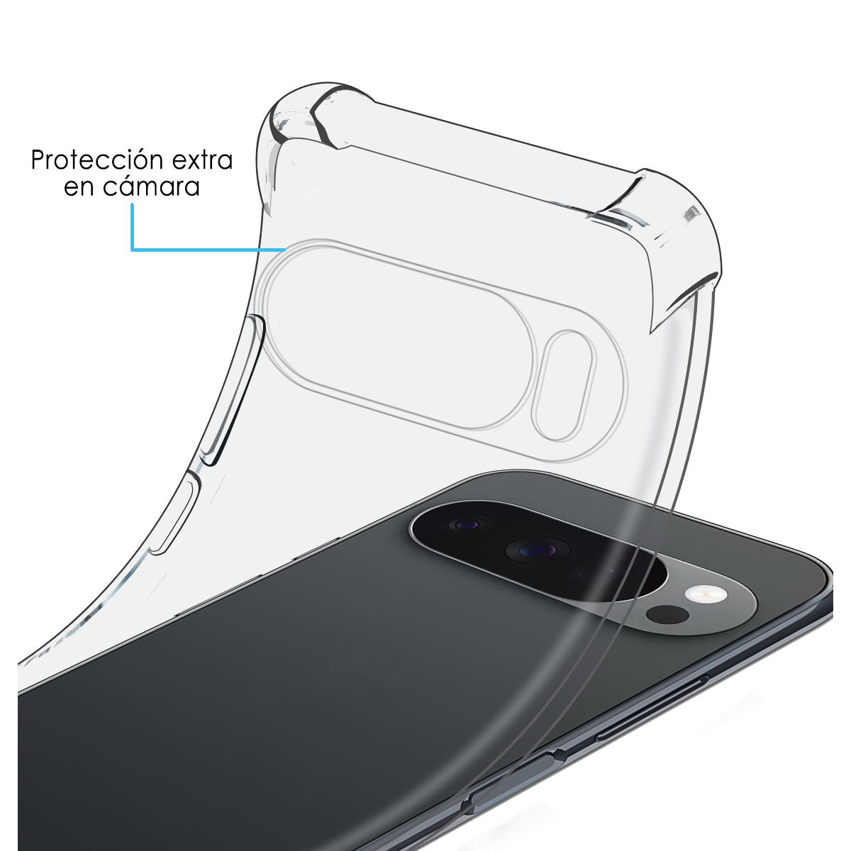 Una custodia trasparente per telefono è sopra uno smartphone nero. La custodia ha un ritaglio per la fotocamera e il testo dice 'protezione extra per la fotocamera'.