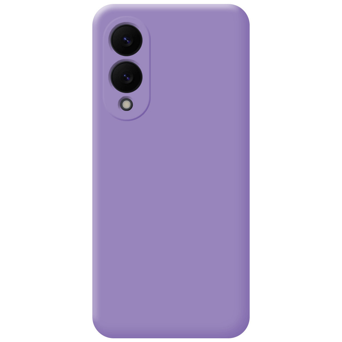 Primo piano di una custodia per telefono viola con tre lenti della fotocamera. La custodia è di un colore unico con bordi arrotondati. Lo sfondo è bianco.