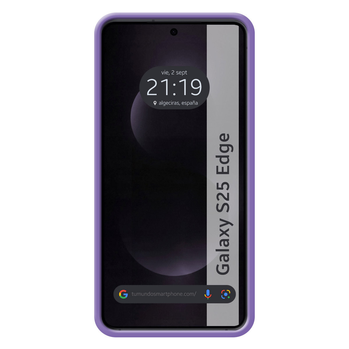 Un telefono Galaxy S25 Edge con custodia viola mostra l'ora, la data e il luogo. In basso c'è una barra di ricerca di Google.