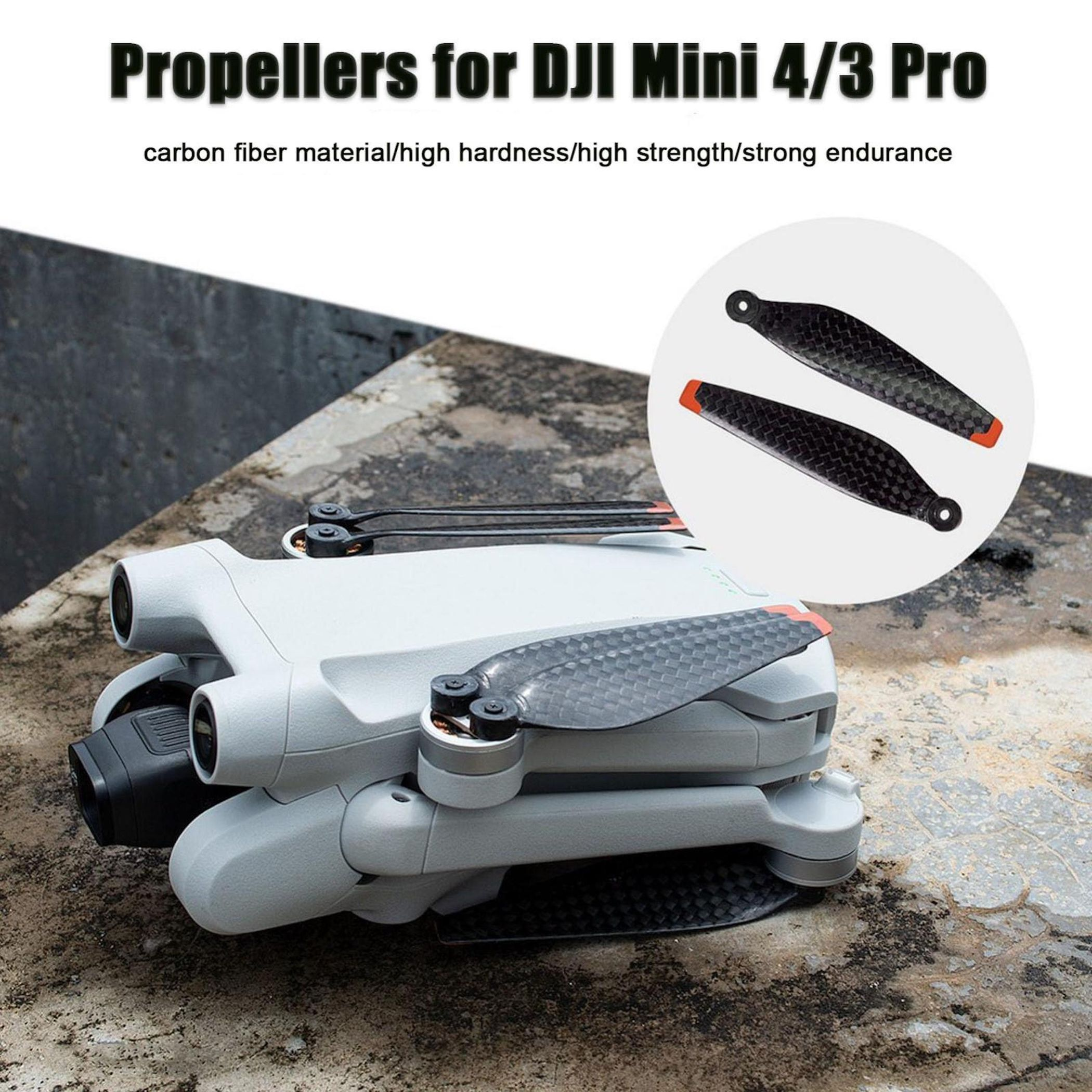 Eine Drohne mit Propellern, ein Produkt für DJI Mini 4/3 Pro. Die Propeller sind schwarz mit orangen Spitzen.