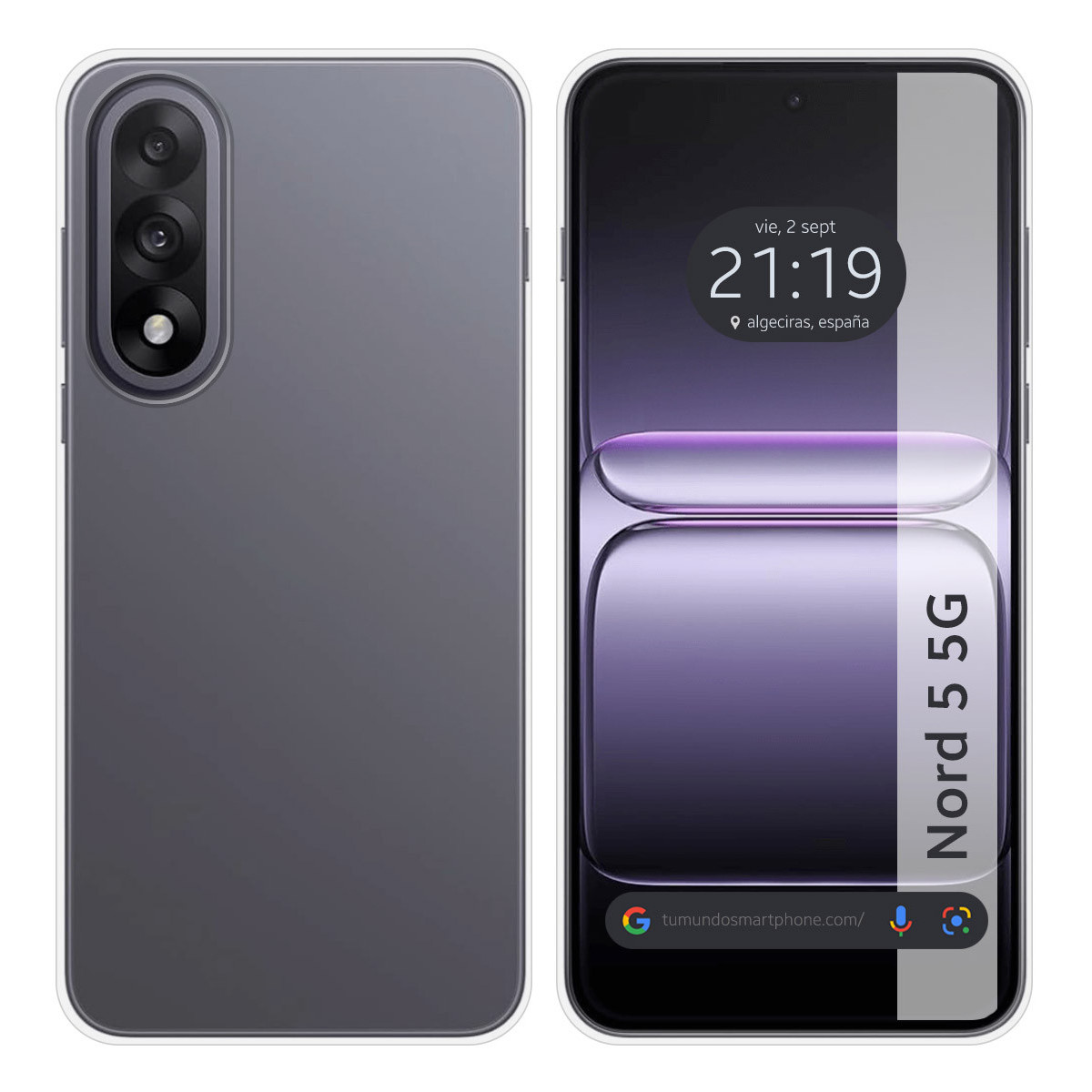 Uno smartphone con retro grigio e schermo che mostra ora e luogo. Il telefono ha una custodia protettiva. Lo schermo mostra 'Nord 5 5G'.