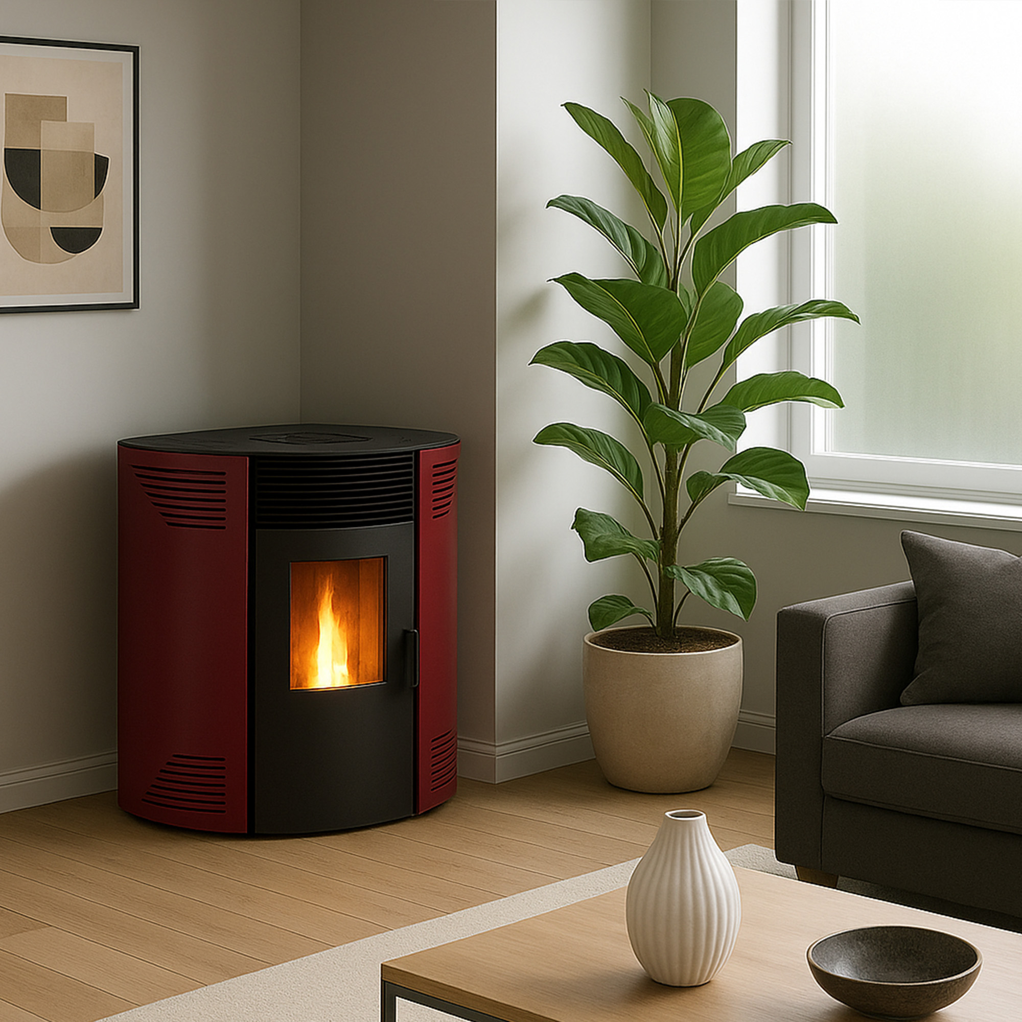 Ein rot-schwarzer Pelletofen mit Flamme. Eine große Pflanze, ein Sofa und Kunst sind ebenfalls zu sehen.