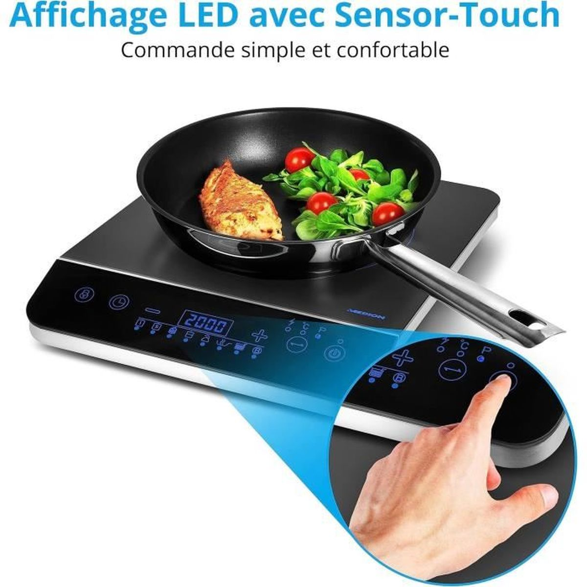 Dłoń dotyka czujnika dotykowego. Patelnia z jedzeniem stoi na płycie indukcyjnej. Tekst: Wyświetlacz LED z dotykiem czujnika.