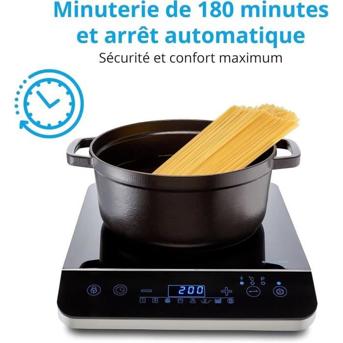 Czarny garnek ze spaghetti stoi na płycie indukcyjnej. Płyta pokazuje 200. Tekst powyżej brzmi: 'Timer 180 minut i automatyczne zatrzymanie'.