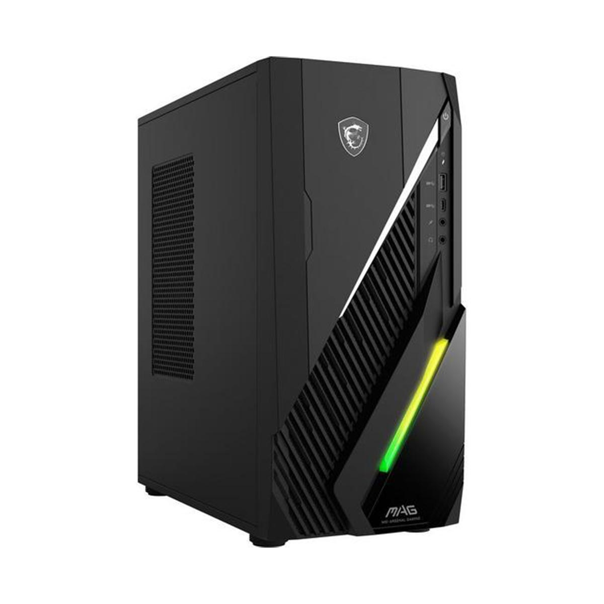 Czarna obudowa komputera z serii MSI MAG. Przekątne białe i czarne linie na przednim panelu z zielonymi i żółtymi akcentami.