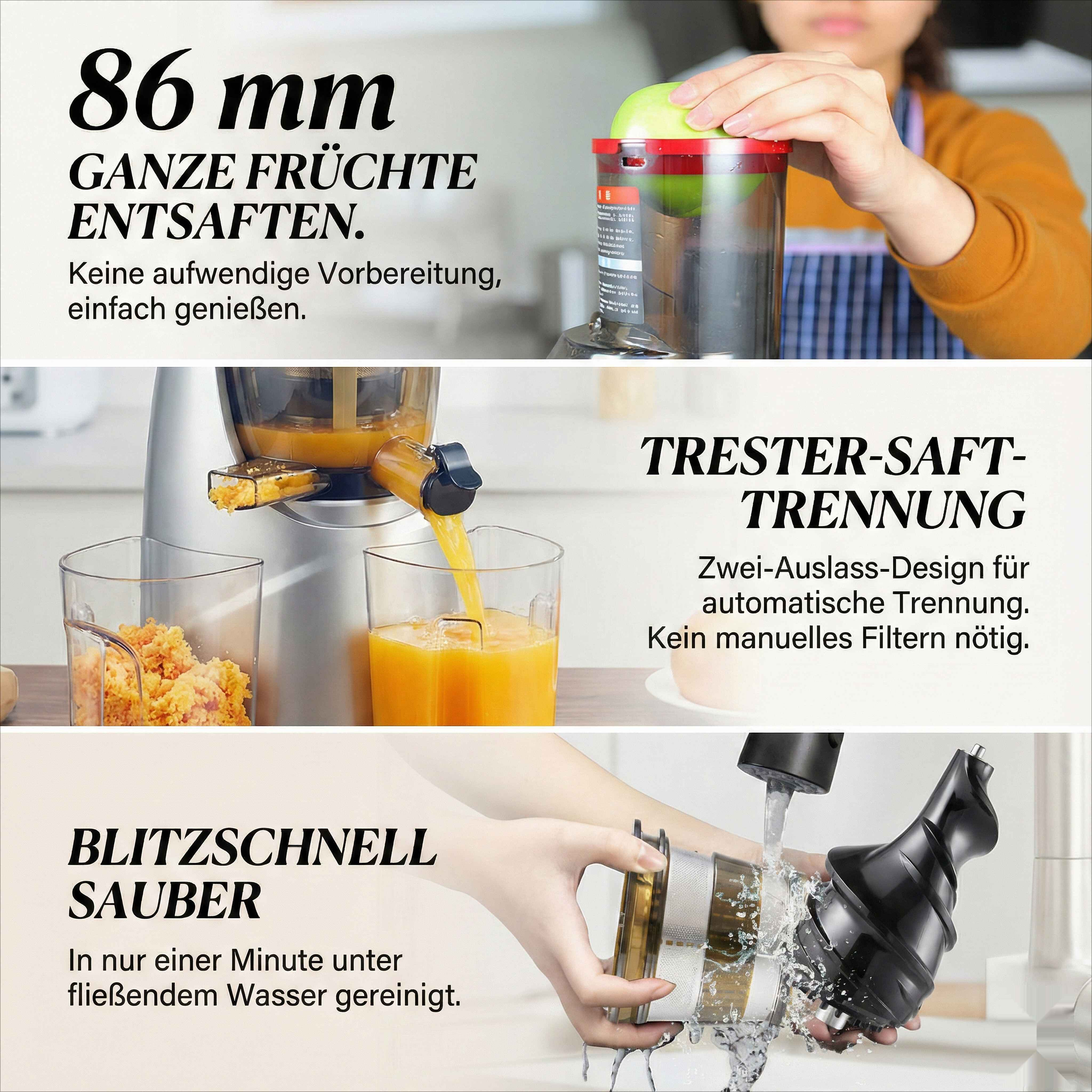 Eine Person legt einen grünen Apfel in einen Entsafter. Der Entsafter ist silberfarben mit schwarzen Komponenten.